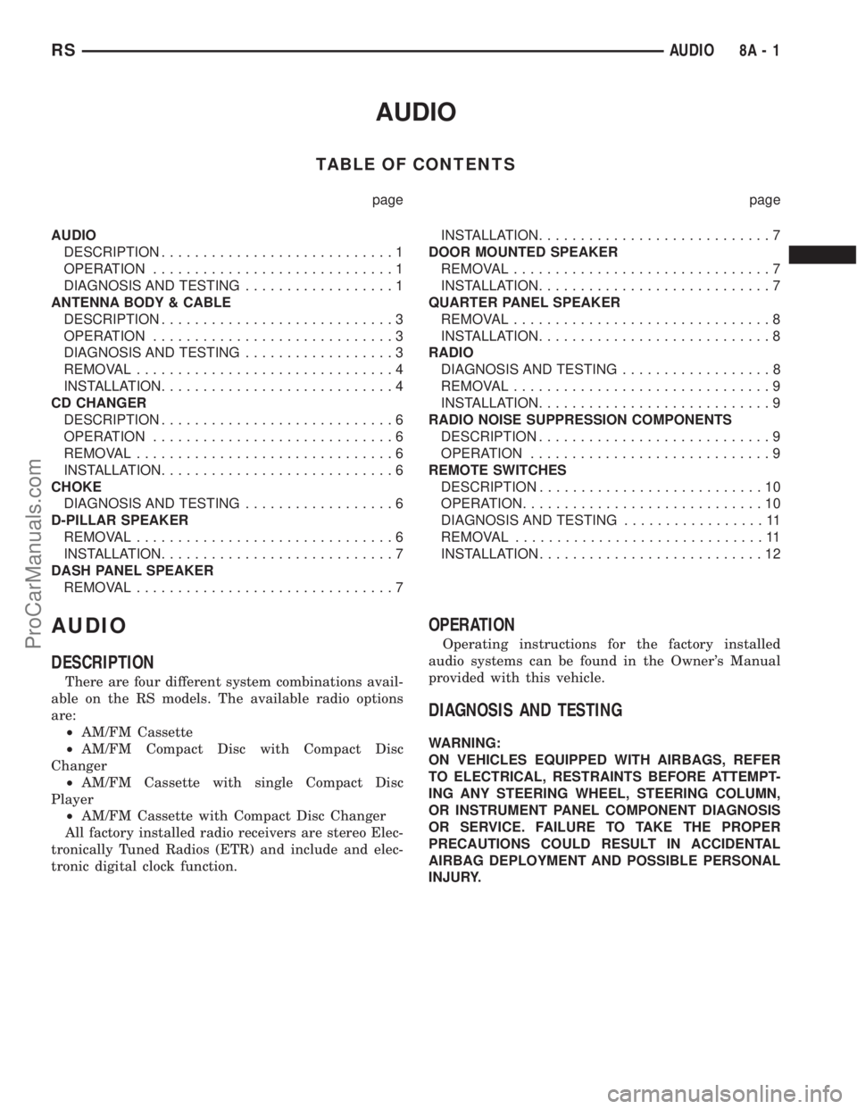 DODGE TOWN AND COUNTRY 2001 Service Manual AUDIO
TABLE OF CONTENTS
page page
AUDIO
DESCRIPTION............................1
OPERATION.............................1
DIAGNOSIS AND TESTING..................1
ANTENNA BODY & CABLE
DESCRIPTION...... DODGE TOWN AND COUNTRY 2001 Service Manual AUDIO
TABLE OF CONTENTS
page page
AUDIO
DESCRIPTION............................1
OPERATION.............................1
DIAGNOSIS AND TESTING..................1
ANTENNA BODY & CABLE
DESCRIPTION......