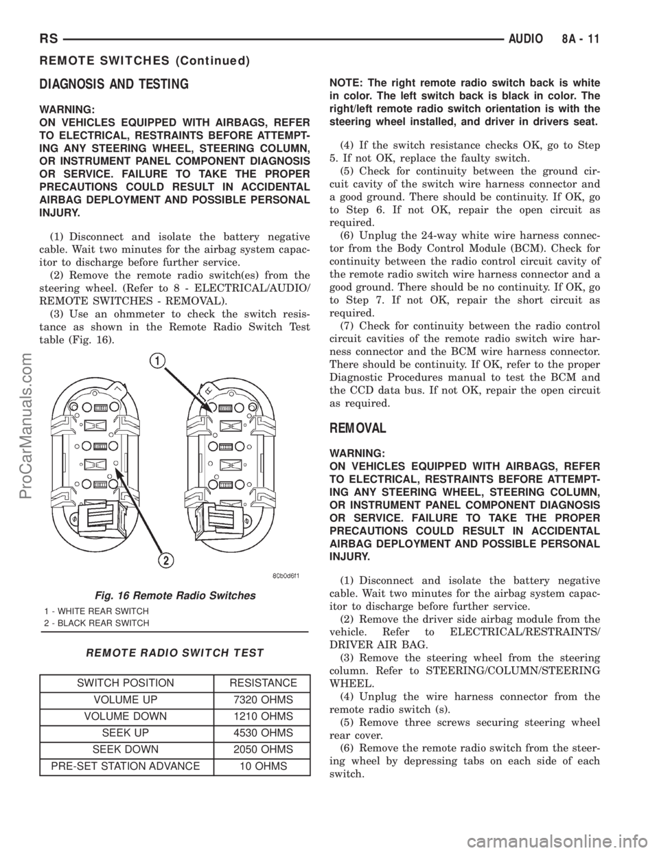 DODGE TOWN AND COUNTRY 2001 Service Manual DIAGNOSIS AND TESTING
WARNING:
ON VEHICLES EQUIPPED WITH AIRBAGS, REFER
TO ELECTRICAL, RESTRAINTS BEFORE ATTEMPT-
ING ANY STEERING WHEEL, STEERING COLUMN,
OR INSTRUMENT PANEL COMPONENT DIAGNOSIS
OR SE DODGE TOWN AND COUNTRY 2001 Service Manual DIAGNOSIS AND TESTING
WARNING:
ON VEHICLES EQUIPPED WITH AIRBAGS, REFER
TO ELECTRICAL, RESTRAINTS BEFORE ATTEMPT-
ING ANY STEERING WHEEL, STEERING COLUMN,
OR INSTRUMENT PANEL COMPONENT DIAGNOSIS
OR SE