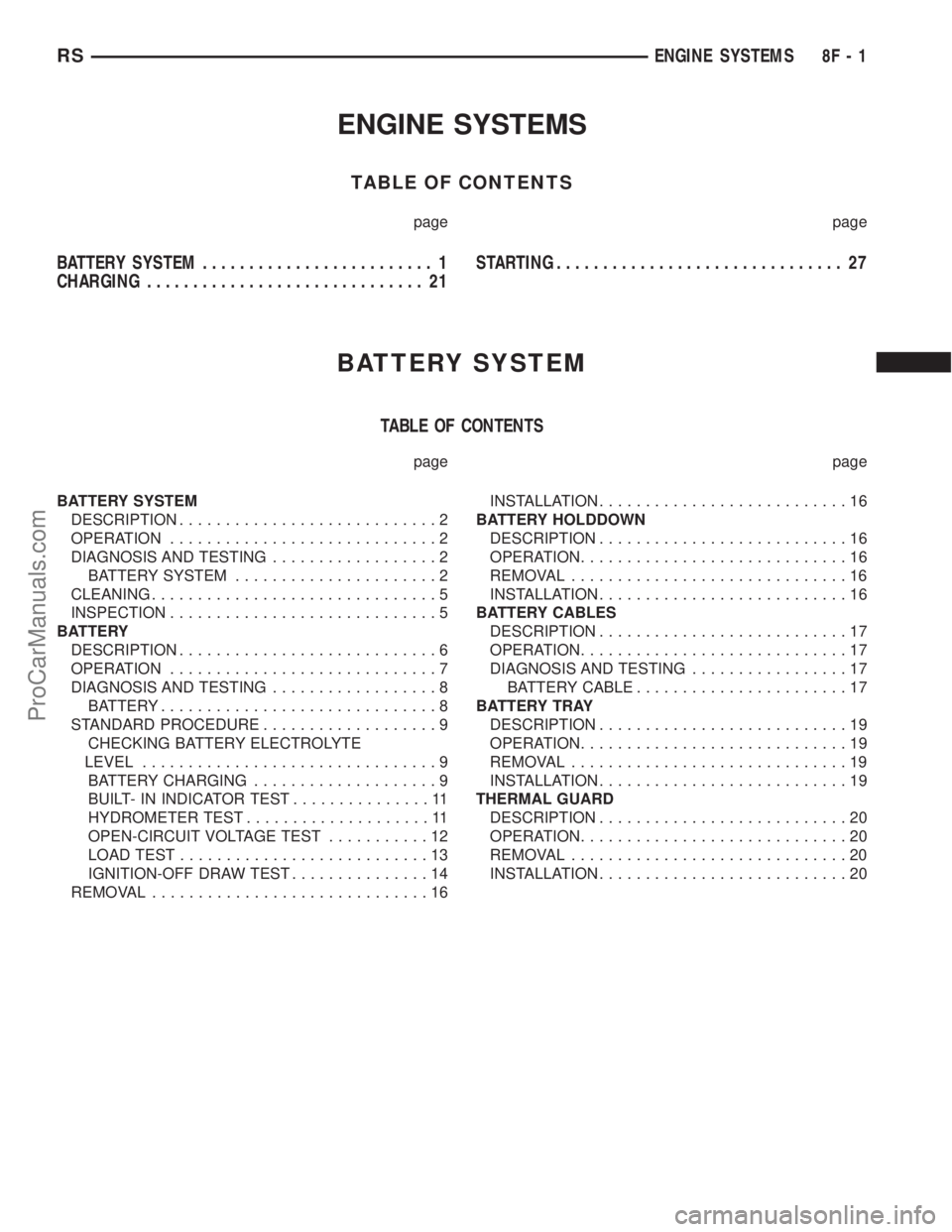 DODGE TOWN AND COUNTRY 2001 Service Manual ENGINE SYSTEMS
TABLE OF CONTENTS
page page
BATTERY SYSTEM......................... 1
CHARGING.............................. 21STARTING............................... 27
BATTERY SYSTEM
TABLE OF CONTENT DODGE TOWN AND COUNTRY 2001 Service Manual ENGINE SYSTEMS
TABLE OF CONTENTS
page page
BATTERY SYSTEM......................... 1
CHARGING.............................. 21STARTING............................... 27
BATTERY SYSTEM
TABLE OF CONTENT