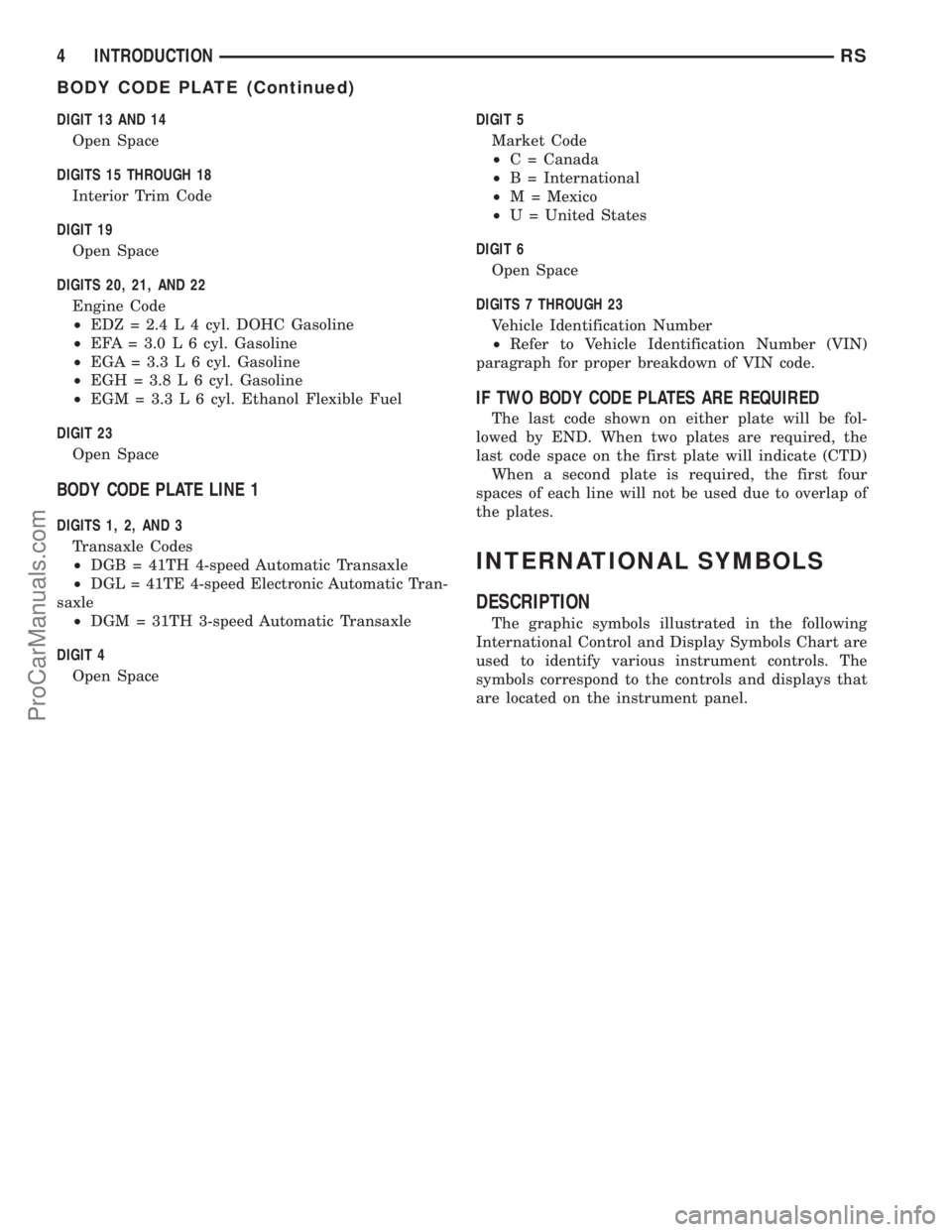 DODGE TOWN AND COUNTRY 2001 Service Manual DIGIT 13 AND 14
Open Space
DIGITS 15 THROUGH 18
Interior Trim Code
DIGIT 19
Open Space
DIGITS 20, 21, AND 22
Engine Code
²EDZ = 2.4 L 4 cyl. DOHC Gasoline
²EFA = 3.0 L 6 cyl. Gasoline
²EGA = 3.3 L DODGE TOWN AND COUNTRY 2001 Service Manual DIGIT 13 AND 14
Open Space
DIGITS 15 THROUGH 18
Interior Trim Code
DIGIT 19
Open Space
DIGITS 20, 21, AND 22
Engine Code
²EDZ = 2.4 L 4 cyl. DOHC Gasoline
²EFA = 3.0 L 6 cyl. Gasoline
²EGA = 3.3 L