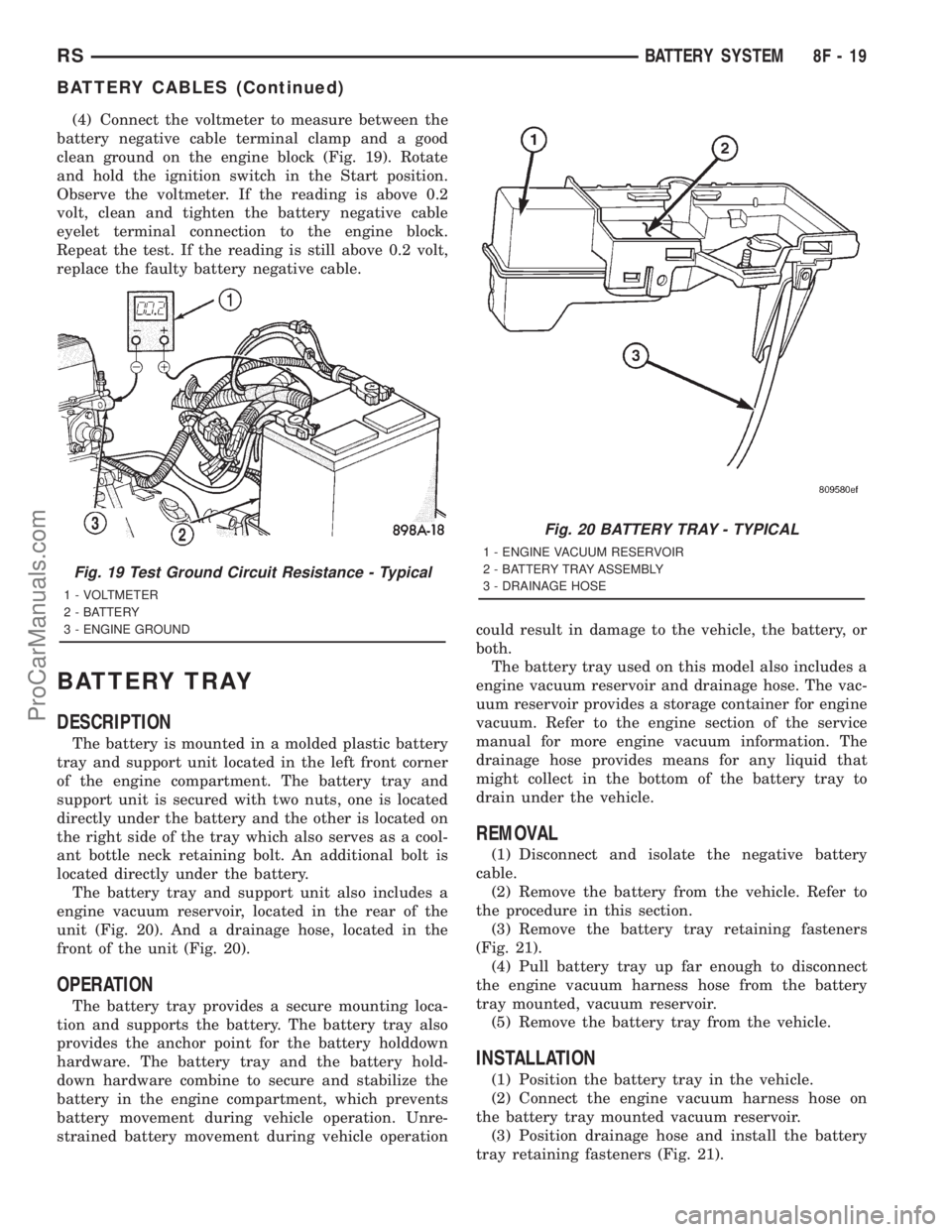 DODGE TOWN AND COUNTRY 2001 Service Manual (4) Connect the voltmeter to measure between the
battery negative cable terminal clamp and a good
clean ground on the engine block (Fig. 19). Rotate
and hold the ignition switch in the Start position. DODGE TOWN AND COUNTRY 2001 Service Manual (4) Connect the voltmeter to measure between the
battery negative cable terminal clamp and a good
clean ground on the engine block (Fig. 19). Rotate
and hold the ignition switch in the Start position.