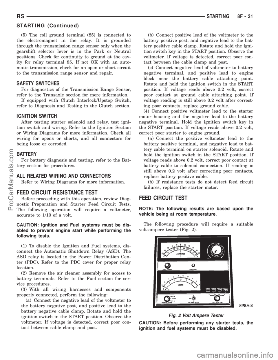 DODGE TOWN AND COUNTRY 2001  Service Manual (5) The coil ground terminal (85) is connected to
the electromagnet in the relay. It is grounded
through the transmission range sensor only when the
gearshift selector lever is in the Park or Neutral
