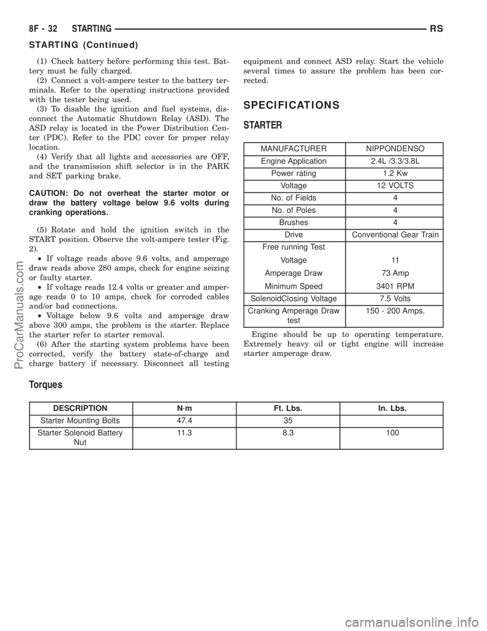 DODGE TOWN AND COUNTRY 2001 Service Manual (1) Check battery before performing this test. Bat-
tery must be fully charged.
(2) Connect a volt-ampere tester to the battery ter-
minals. Refer to the operating instructions provided
with the teste DODGE TOWN AND COUNTRY 2001 Service Manual (1) Check battery before performing this test. Bat-
tery must be fully charged.
(2) Connect a volt-ampere tester to the battery ter-
minals. Refer to the operating instructions provided
with the teste