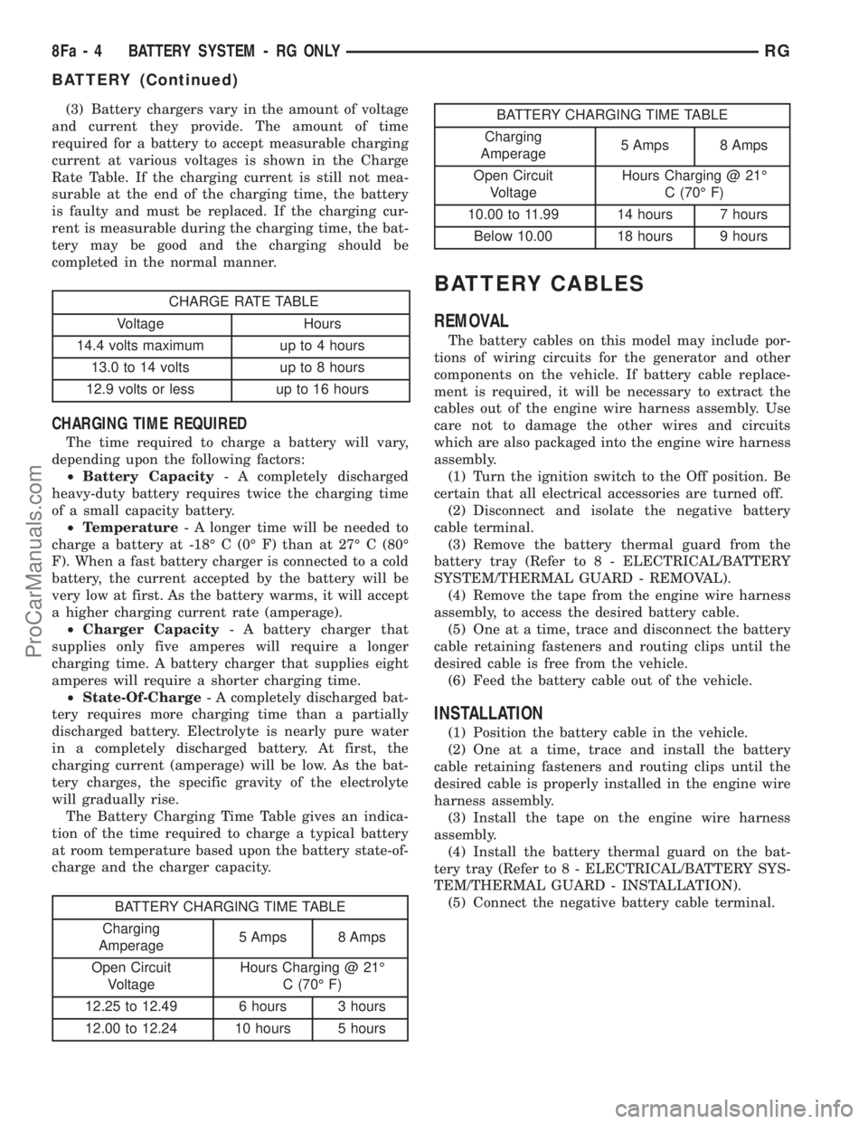 DODGE TOWN AND COUNTRY 2001 Service Manual (3) Battery chargers vary in the amount of voltage
and current they provide. The amount of time
required for a battery to accept measurable charging
current at various voltages is shown in the Charge
DODGE TOWN AND COUNTRY 2001 Service Manual (3) Battery chargers vary in the amount of voltage
and current they provide. The amount of time
required for a battery to accept measurable charging
current at various voltages is shown in the Charge