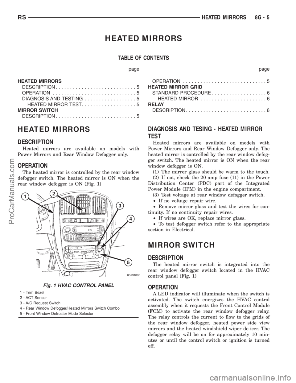 DODGE TOWN AND COUNTRY 2001 Service Manual HEATED MIRRORS
TABLE OF CONTENTS
page page
HEATED MIRRORS
DESCRIPTION............................5
OPERATION.............................5
DIAGNOSIS AND TESTING..................5
HEATED MIRROR TEST.. DODGE TOWN AND COUNTRY 2001 Service Manual HEATED MIRRORS
TABLE OF CONTENTS
page page
HEATED MIRRORS
DESCRIPTION............................5
OPERATION.............................5
DIAGNOSIS AND TESTING..................5
HEATED MIRROR TEST..