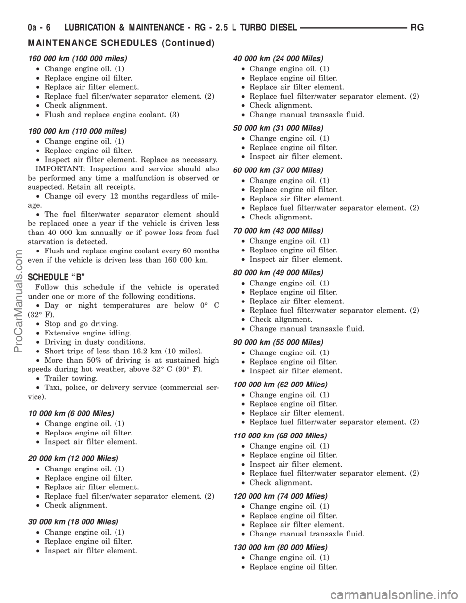 DODGE TOWN AND COUNTRY 2001  Service Manual 160 000 km (100 000 miles)
²Change engine oil. (1)
²Replace engine oil filter.
²Replace air filter element.
²Replace fuel filter/water separator element. (2)
²Check alignment.
²Flush and replace