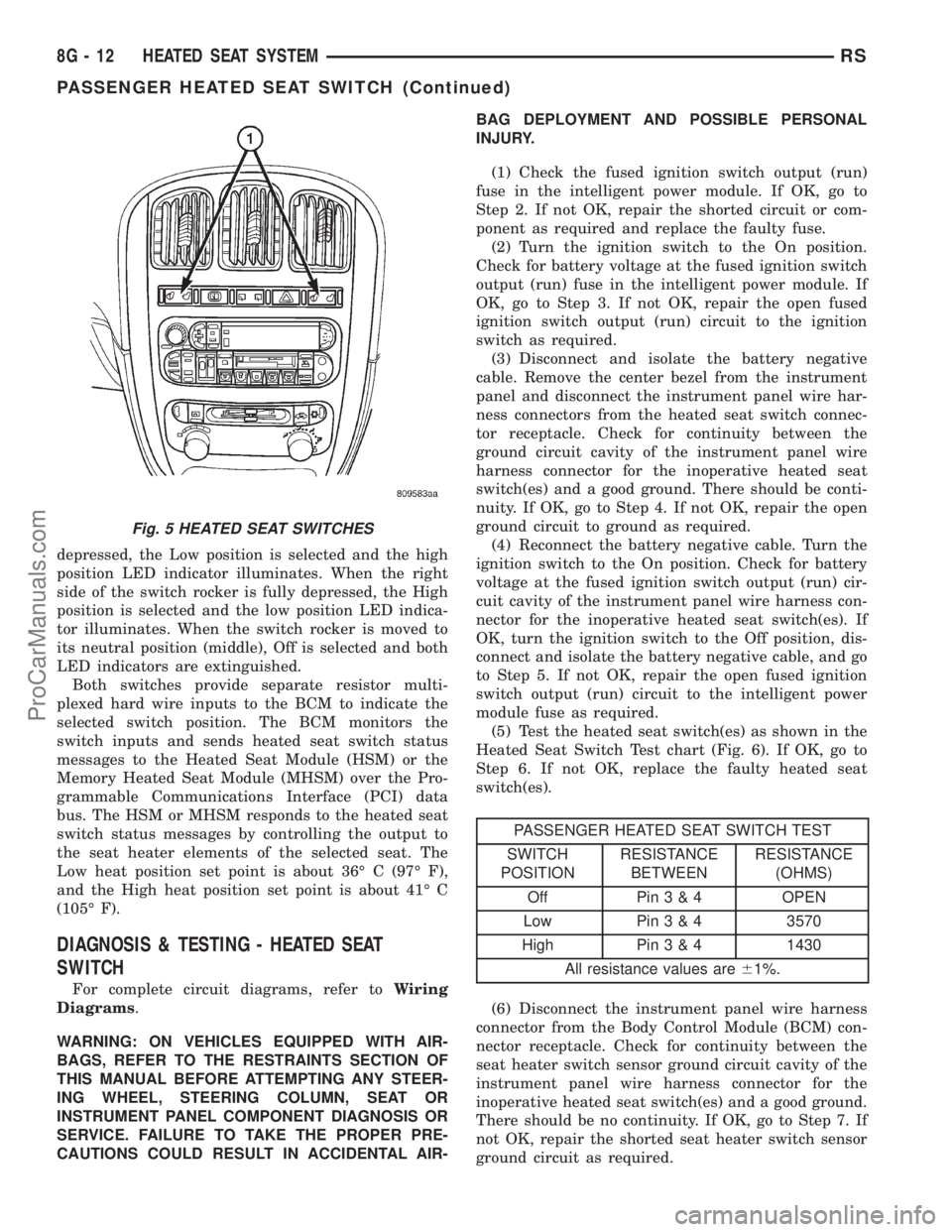 DODGE TOWN AND COUNTRY 2001 Service Manual depressed, the Low position is selected and the high
position LED indicator illuminates. When the right
side of the switch rocker is fully depressed, the High
position is selected and the low position DODGE TOWN AND COUNTRY 2001 Service Manual depressed, the Low position is selected and the high
position LED indicator illuminates. When the right
side of the switch rocker is fully depressed, the High
position is selected and the low position