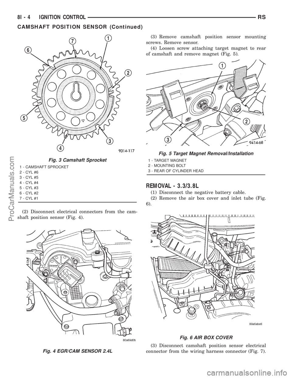 DODGE TOWN AND COUNTRY 2001 Service Manual (2) Disconnect electrical connectors from the cam-
shaft position sensor (Fig. 4).(3) Remove camshaft position sensor mounting
screws. Remove sensor.
(4) Loosen screw attaching target magnet to rear
o DODGE TOWN AND COUNTRY 2001 Service Manual (2) Disconnect electrical connectors from the cam-
shaft position sensor (Fig. 4).(3) Remove camshaft position sensor mounting
screws. Remove sensor.
(4) Loosen screw attaching target magnet to rear
o