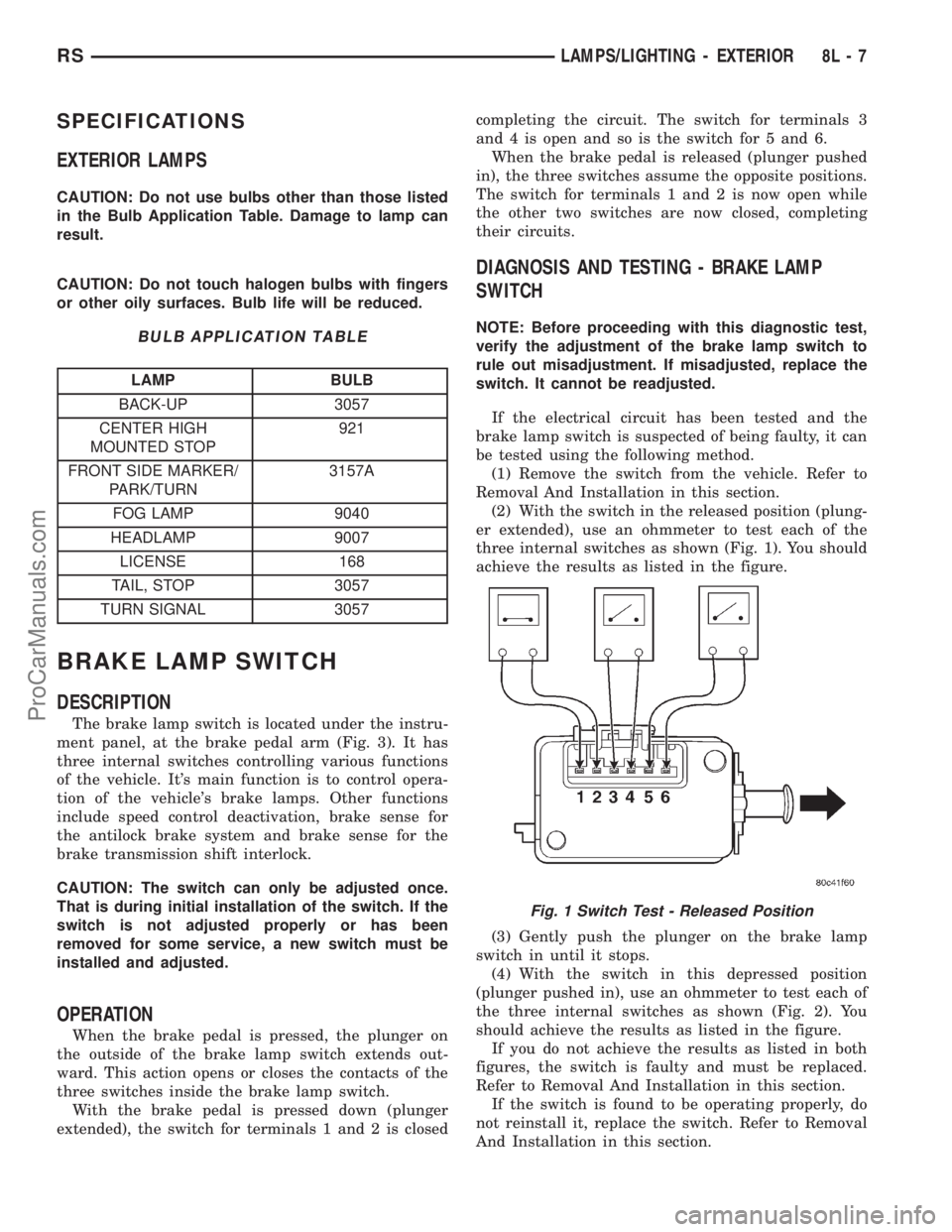 DODGE TOWN AND COUNTRY 2001 Service Manual SPECIFICATIONS
EXTERIOR LAMPS
CAUTION: Do not use bulbs other than those listed
in the Bulb Application Table. Damage to lamp can
result.
CAUTION: Do not touch halogen bulbs with fingers
or other oily DODGE TOWN AND COUNTRY 2001 Service Manual SPECIFICATIONS
EXTERIOR LAMPS
CAUTION: Do not use bulbs other than those listed
in the Bulb Application Table. Damage to lamp can
result.
CAUTION: Do not touch halogen bulbs with fingers
or other oily