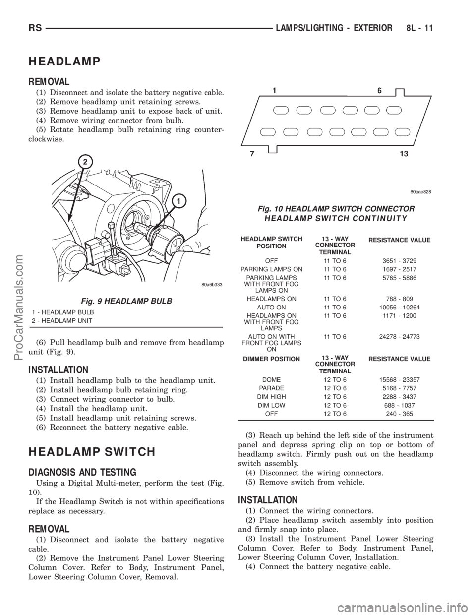 DODGE TOWN AND COUNTRY 2001 Service Manual HEADLAMP
REMOVAL
(1)Disconnect and isolate the battery negative cable.
(2) Remove headlamp unit retaining screws.
(3) Remove headlamp unit to expose back of unit.
(4) Remove wiring connector from bulb DODGE TOWN AND COUNTRY 2001 Service Manual HEADLAMP
REMOVAL
(1)Disconnect and isolate the battery negative cable.
(2) Remove headlamp unit retaining screws.
(3) Remove headlamp unit to expose back of unit.
(4) Remove wiring connector from bulb