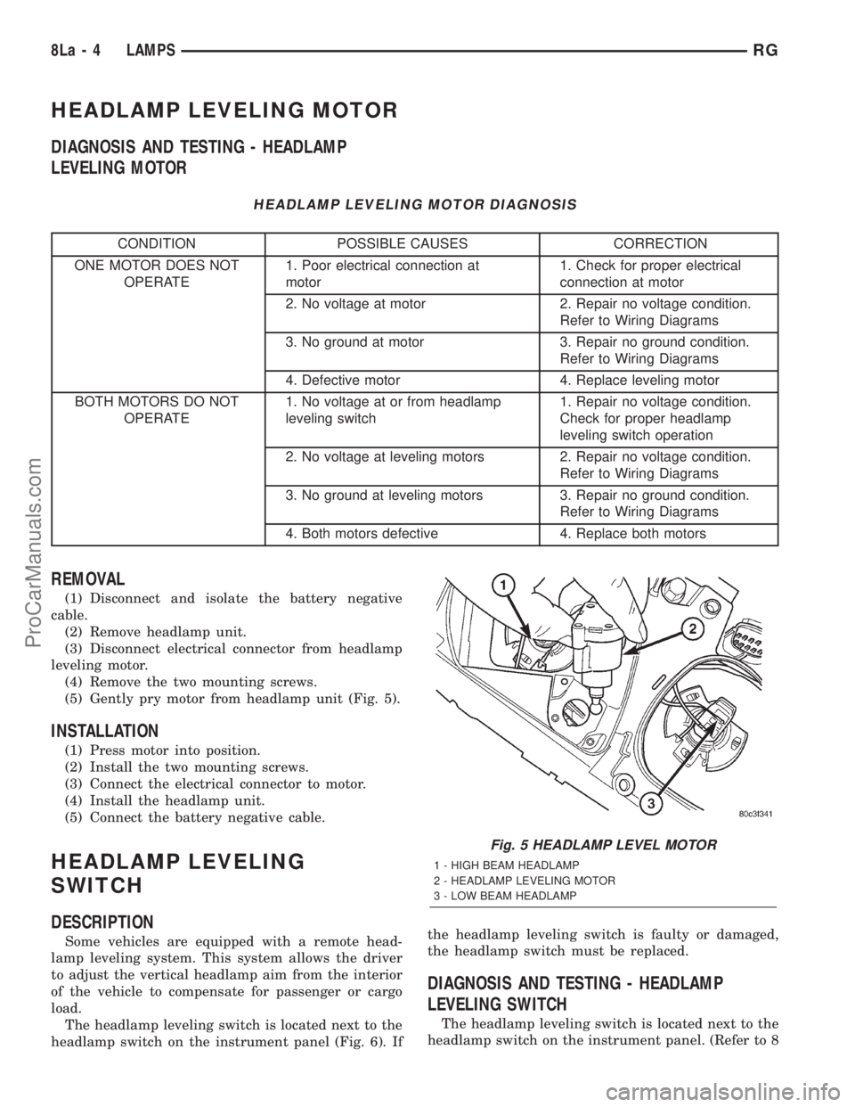 DODGE TOWN AND COUNTRY 2001  Service Manual HEADLAMP LEVELING MOTOR
DIAGNOSIS AND TESTING - HEADLAMP
LEVELING MOTOR
HEADLAMP LEVELING MOTOR DIAGNOSIS
CONDITION POSSIBLE CAUSES CORRECTION
ONE MOTOR DOES NOT
OPERATE1. Poor electrical connection a