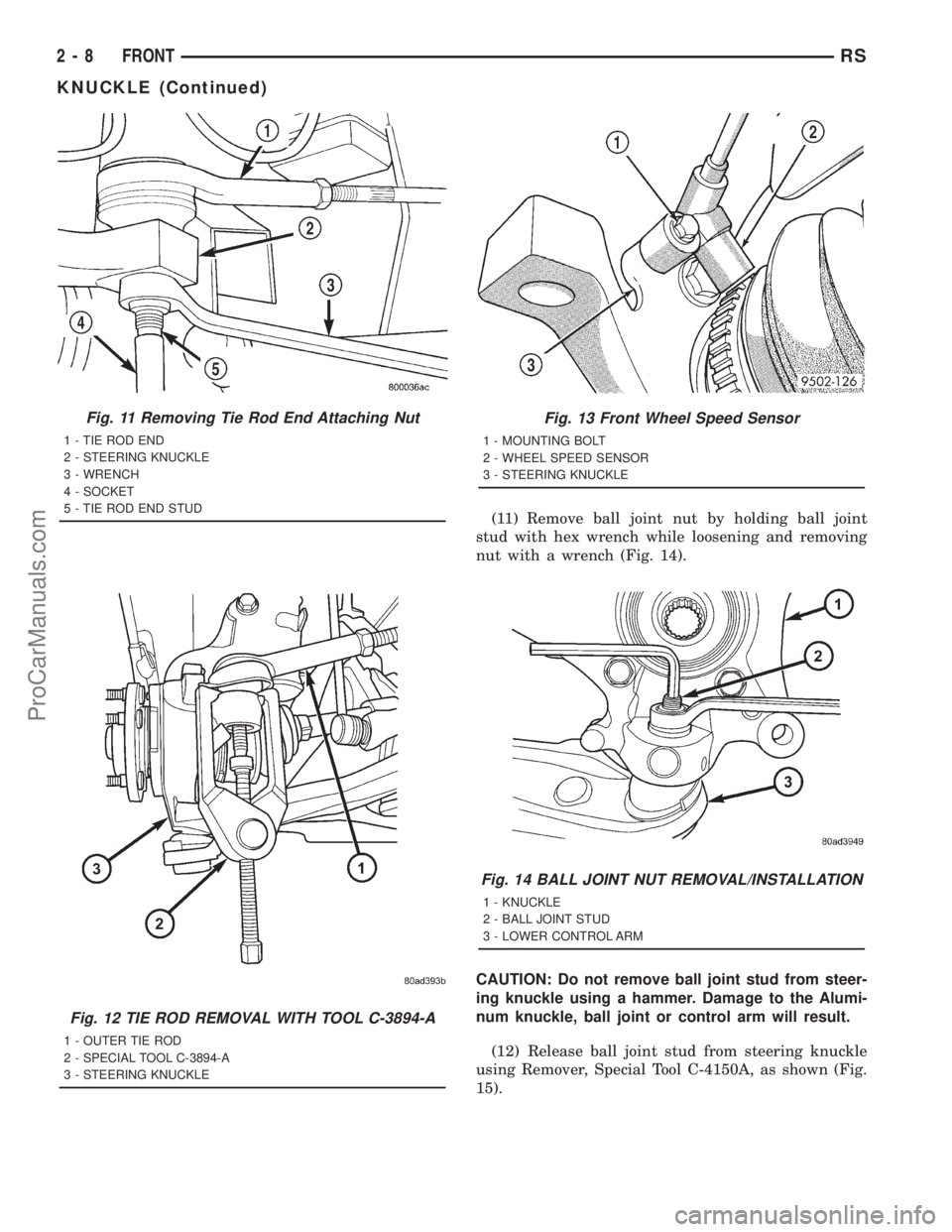 DODGE TOWN AND COUNTRY 2001 Workshop Manual (11) Remove ball joint nut by holding ball joint
stud with hex wrench while loosening and removing
nut with a wrench (Fig. 14).
CAUTION: Do not remove ball joint stud from steer-
ing knuckle using a h DODGE TOWN AND COUNTRY 2001 Workshop Manual (11) Remove ball joint nut by holding ball joint
stud with hex wrench while loosening and removing
nut with a wrench (Fig. 14).
CAUTION: Do not remove ball joint stud from steer-
ing knuckle using a h