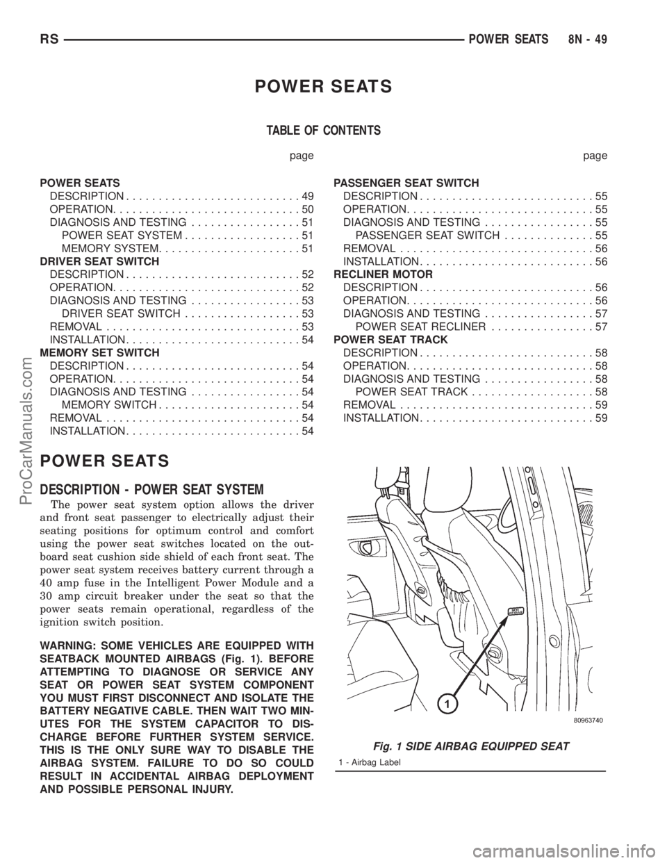 DODGE TOWN AND COUNTRY 2001 Service Manual POWER SEATS
TABLE OF CONTENTS
page page
POWER SEATS
DESCRIPTION...........................49
OPERATION.............................50
DIAGNOSIS AND TESTING.................51
POWER SEAT SYSTEM........ DODGE TOWN AND COUNTRY 2001 Service Manual POWER SEATS
TABLE OF CONTENTS
page page
POWER SEATS
DESCRIPTION...........................49
OPERATION.............................50
DIAGNOSIS AND TESTING.................51
POWER SEAT SYSTEM........