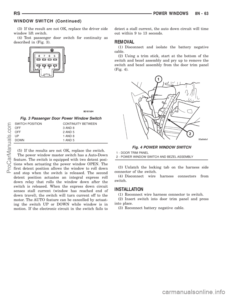 DODGE TOWN AND COUNTRY 2001 Service Manual (3) If the result are not OK, replace the driver side
window lift switch.
(4) Test passenger door switch for continuity as
described in (Fig. 3).
(5) If the results are not OK, replace the switch.
The DODGE TOWN AND COUNTRY 2001 Service Manual (3) If the result are not OK, replace the driver side
window lift switch.
(4) Test passenger door switch for continuity as
described in (Fig. 3).
(5) If the results are not OK, replace the switch.
The