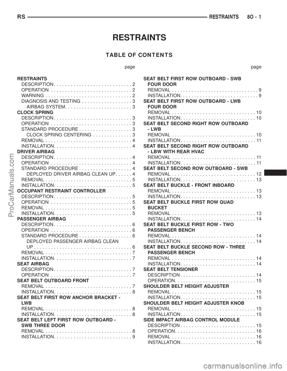 DODGE TOWN AND COUNTRY 2001 Service Manual RESTRAINTS
TABLE OF CONTENTS
page page
RESTRAINTS
DESCRIPTION............................2
OPERATION.............................2
WARNING...............................2
DIAGNOSIS AND TESTING........ DODGE TOWN AND COUNTRY 2001 Service Manual RESTRAINTS
TABLE OF CONTENTS
page page
RESTRAINTS
DESCRIPTION............................2
OPERATION.............................2
WARNING...............................2
DIAGNOSIS AND TESTING........