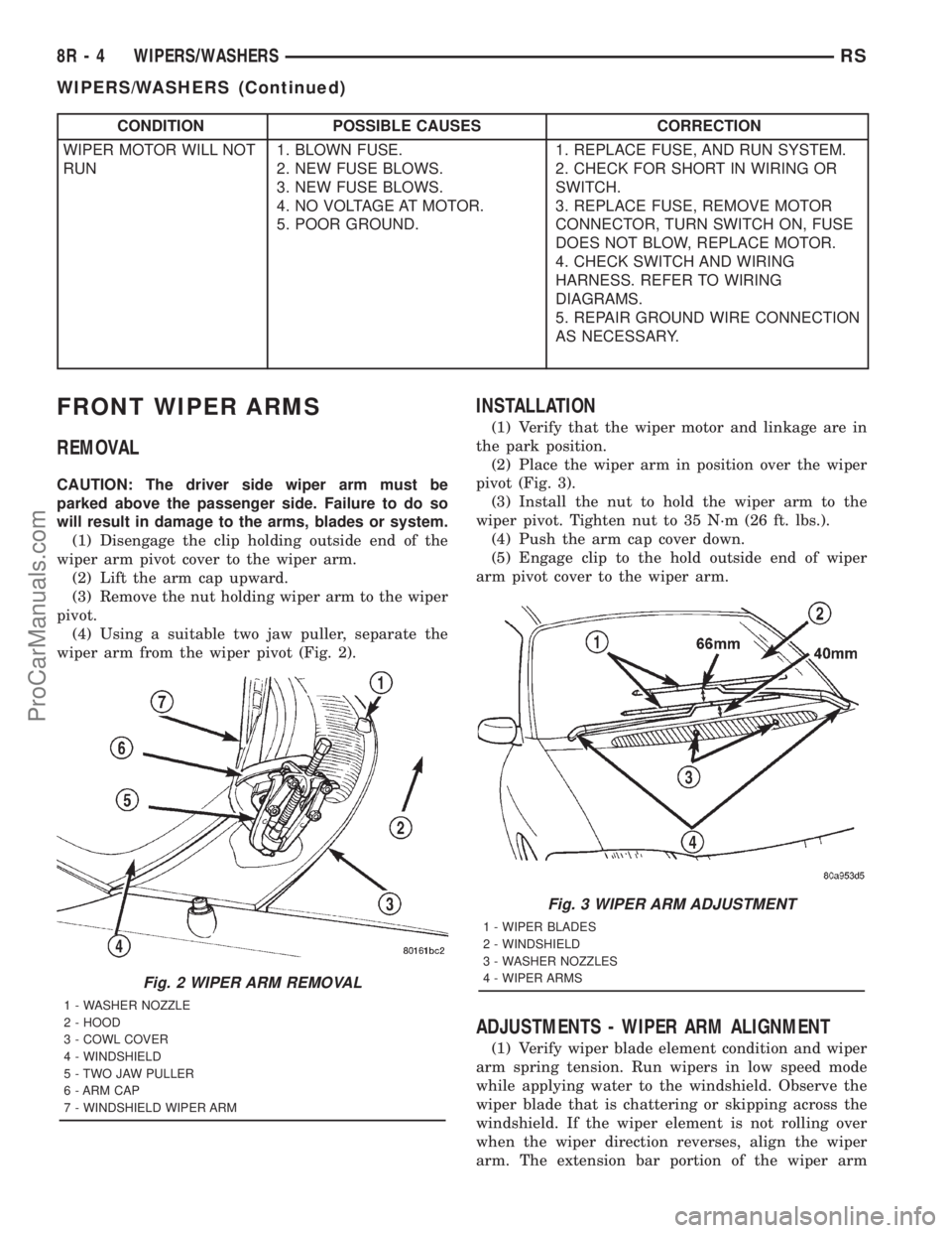 DODGE TOWN AND COUNTRY 2001 Service Manual CONDITION POSSIBLE CAUSES CORRECTION
WIPER MOTOR WILL NOT
RUN1. BLOWN FUSE.
2. NEW FUSE BLOWS.
3. NEW FUSE BLOWS.
4. NO VOLTAGE AT MOTOR.
5. POOR GROUND.1. REPLACE FUSE, AND RUN SYSTEM.
2. CHECK FOR S DODGE TOWN AND COUNTRY 2001 Service Manual CONDITION POSSIBLE CAUSES CORRECTION
WIPER MOTOR WILL NOT
RUN1. BLOWN FUSE.
2. NEW FUSE BLOWS.
3. NEW FUSE BLOWS.
4. NO VOLTAGE AT MOTOR.
5. POOR GROUND.1. REPLACE FUSE, AND RUN SYSTEM.
2. CHECK FOR S