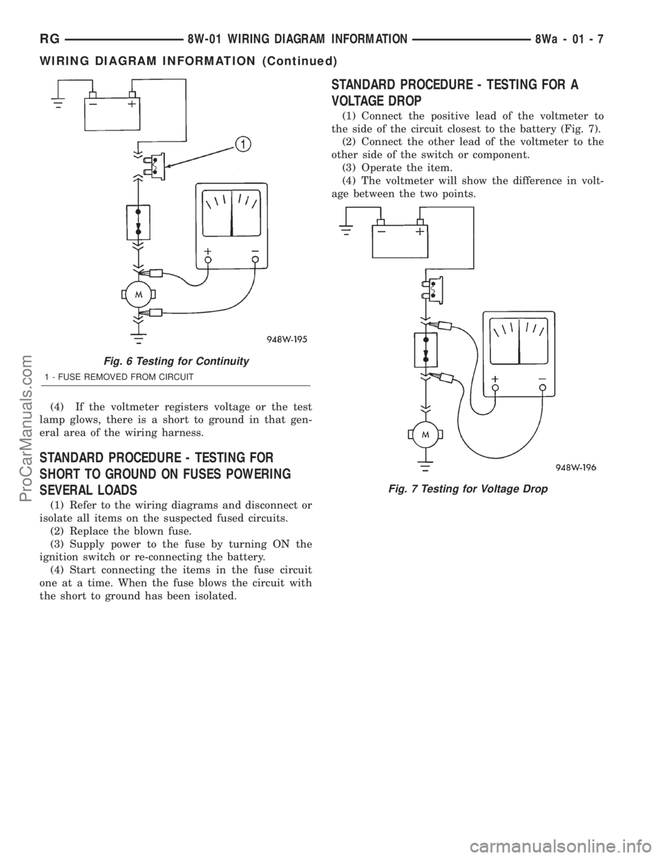 DODGE TOWN AND COUNTRY 2001 Service Manual (4) If the voltmeter registers voltage or the test
lamp glows, there is a short to ground in that gen-
eral area of the wiring harness.
STANDARD PROCEDURE - TESTING FOR
SHORT TO GROUND ON FUSES POWERI DODGE TOWN AND COUNTRY 2001 Service Manual (4) If the voltmeter registers voltage or the test
lamp glows, there is a short to ground in that gen-
eral area of the wiring harness.
STANDARD PROCEDURE - TESTING FOR
SHORT TO GROUND ON FUSES POWERI