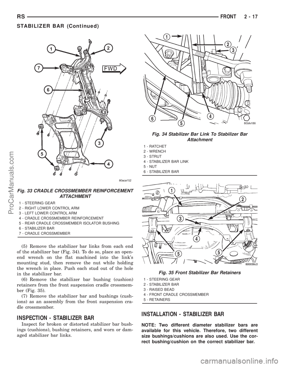 DODGE TOWN AND COUNTRY 2001 Repair Manual (5) Remove the stabilizer bar links from each end
of the stabilizer bar (Fig. 34). To do so, place an open-
end wrench on the flat machined into the links
mounting stud, then remove the nut while hol DODGE TOWN AND COUNTRY 2001 Repair Manual (5) Remove the stabilizer bar links from each end
of the stabilizer bar (Fig. 34). To do so, place an open-
end wrench on the flat machined into the links
mounting stud, then remove the nut while hol