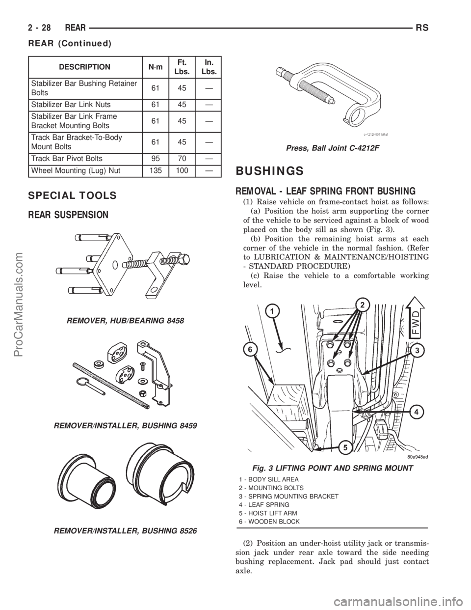 DODGE TOWN AND COUNTRY 2001 Manual PDF DESCRIPTION N´mFt.
Lbs.In.
Lbs.
Stabilizer Bar Bushing Retainer
Bolts61 45 Ð
Stabilizer Bar Link Nuts 61 45 Ð
Stabilizer Bar Link Frame
Bracket Mounting Bolts61 45 Ð
Track Bar Bracket-To-Body
Moun DODGE TOWN AND COUNTRY 2001 Manual PDF DESCRIPTION N´mFt.
Lbs.In.
Lbs.
Stabilizer Bar Bushing Retainer
Bolts61 45 Ð
Stabilizer Bar Link Nuts 61 45 Ð
Stabilizer Bar Link Frame
Bracket Mounting Bolts61 45 Ð
Track Bar Bracket-To-Body
Moun