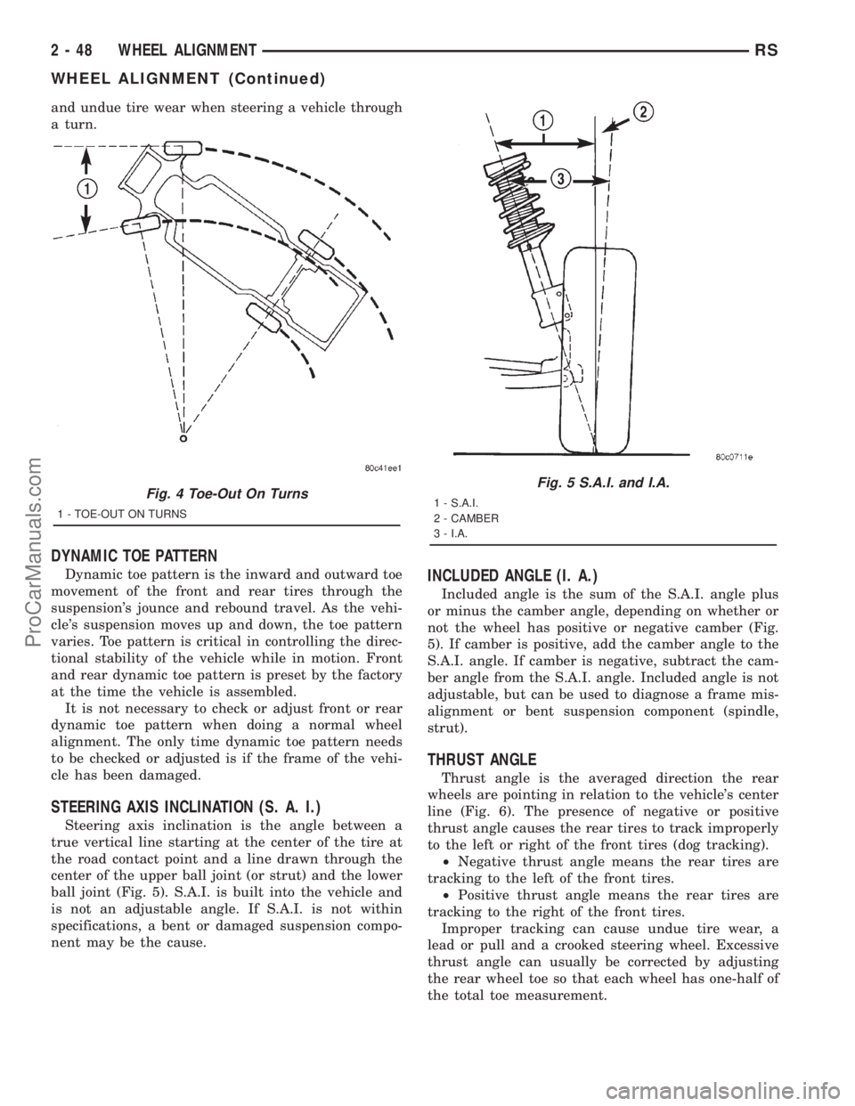 DODGE TOWN AND COUNTRY 2001 Owners Manual and undue tire wear when steering a vehicle through
a turn.
DYNAMIC TOE PATTERN
Dynamic toe pattern is the inward and outward toe
movement of the front and rear tires through the
suspensions jounce a DODGE TOWN AND COUNTRY 2001 Owners Manual and undue tire wear when steering a vehicle through
a turn.
DYNAMIC TOE PATTERN
Dynamic toe pattern is the inward and outward toe
movement of the front and rear tires through the
suspensions jounce a