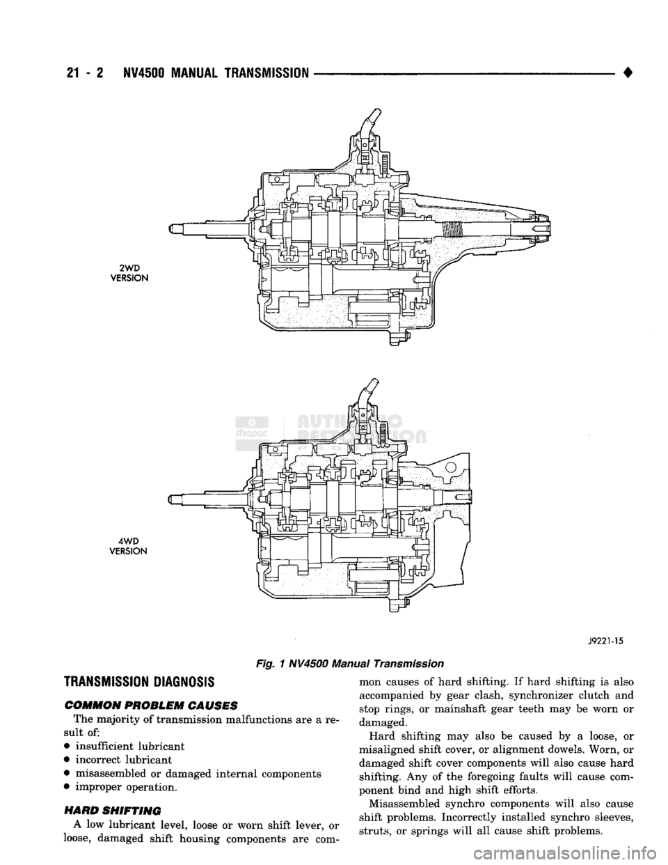 DODGE TRUCK 1993 Service Repair Manual
21
- 2
NV4500
MANUAL TRANSMISSION
•
2WD
VERSION
4WD
VERSION
J9221-15
Fig.
1 NV4500 Manual
Transmission
TRANSMISSION DIAGNOSIS
COMMON
PROBLEM CAUSES
The majority of transmi DODGE TRUCK 1993 Service Repair Manual
21
- 2
NV4500
MANUAL TRANSMISSION
•
2WD
VERSION
4WD
VERSION
J9221-15
Fig.
1 NV4500 Manual
Transmission
TRANSMISSION DIAGNOSIS
COMMON
PROBLEM CAUSES
The majority of transmi
