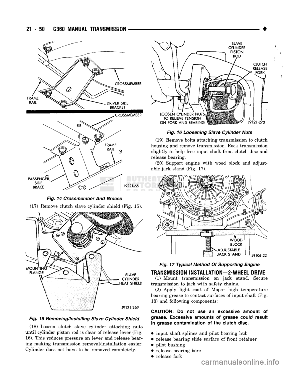 DODGE TRUCK 1993 Service Repair Manual
21
- 50
G360
MANUAL
TRANSMISSION
•
FRAME RAIL
CROSSMEMBER
DRIVER SIDE
BRACKET
PASSENGER.
SIDE
BRACE
CROSSMEMBER
J9221-65
Fig.
14
Crossmember
And
Braces
(17) Remove DODGE TRUCK 1993 Service Repair Manual
21
- 50
G360
MANUAL
TRANSMISSION
•
FRAME RAIL
CROSSMEMBER
DRIVER SIDE
BRACKET
PASSENGER.
SIDE
BRACE
CROSSMEMBER
J9221-65
Fig.
14
Crossmember
And
Braces
(17) Remove