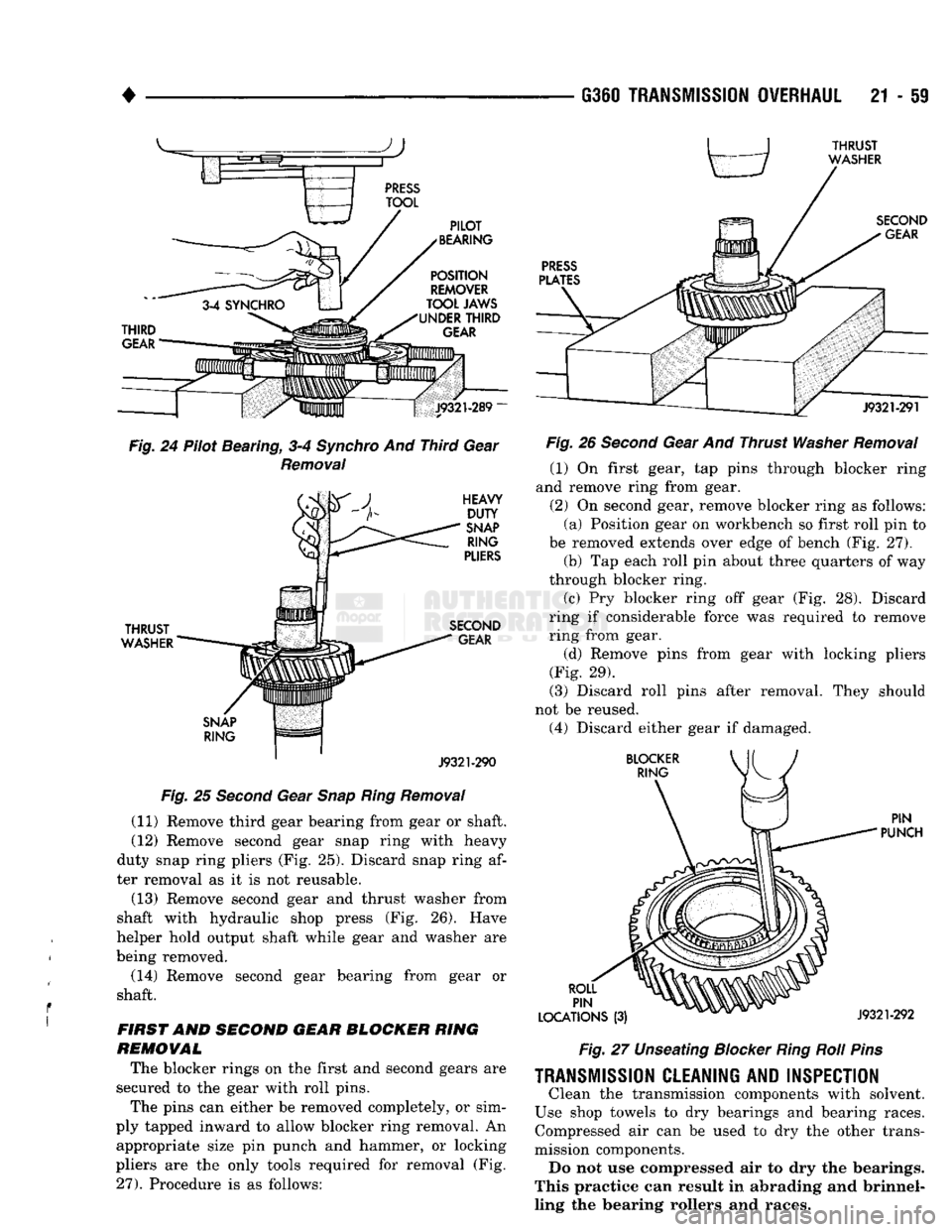 DODGE TRUCK 1993 Service Repair Manual
•
Fig.
24 Pilot Bearing, 3-4
Synchro
And Third Gear
Removal
THRUST
WASHER
J9321-290
Fig.
25
Second
Gear
Snap
Ring
Removal
(11) Remove third gear bearing from gear or shaft.
DODGE TRUCK 1993 Service Repair Manual
•
Fig.
24 Pilot Bearing, 3-4
Synchro
And Third Gear
Removal
THRUST
WASHER
J9321-290
Fig.
25
Second
Gear
Snap
Ring
Removal
(11) Remove third gear bearing from gear or shaft.