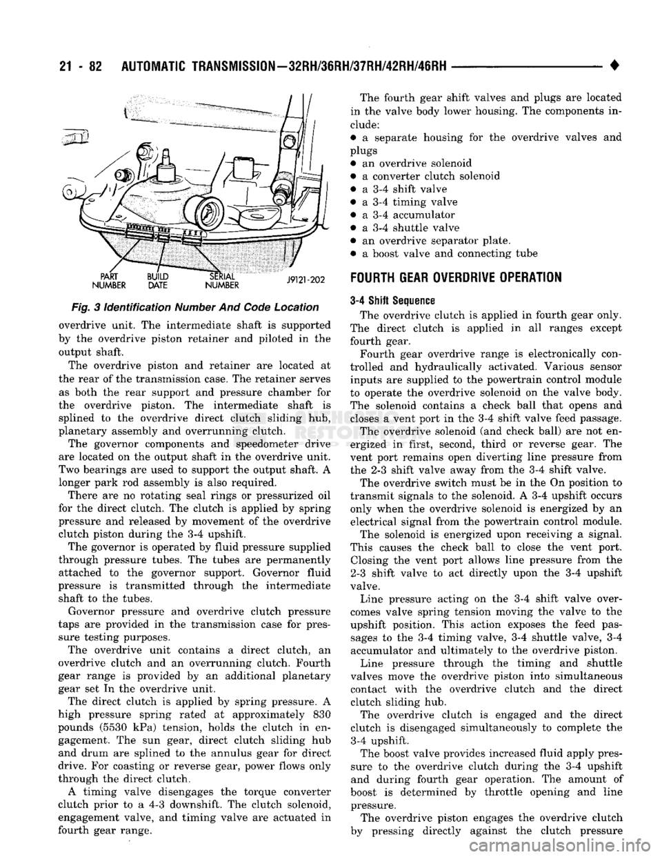 DODGE TRUCK 1993 Service Repair Manual
21
- 82
AUTOMATIC TRANSMISSION—32RH/36RH/37RH/42RH/46RH
————— •
PART
NUMBER BUILD
DATE SERIAL
NUMBER The fourth gear shift valves and plugs are located
in the valve body lowe DODGE TRUCK 1993 Service Repair Manual
21
- 82
AUTOMATIC TRANSMISSION—32RH/36RH/37RH/42RH/46RH
————— •
PART
NUMBER BUILD
DATE SERIAL
NUMBER The fourth gear shift valves and plugs are located
in the valve body lowe