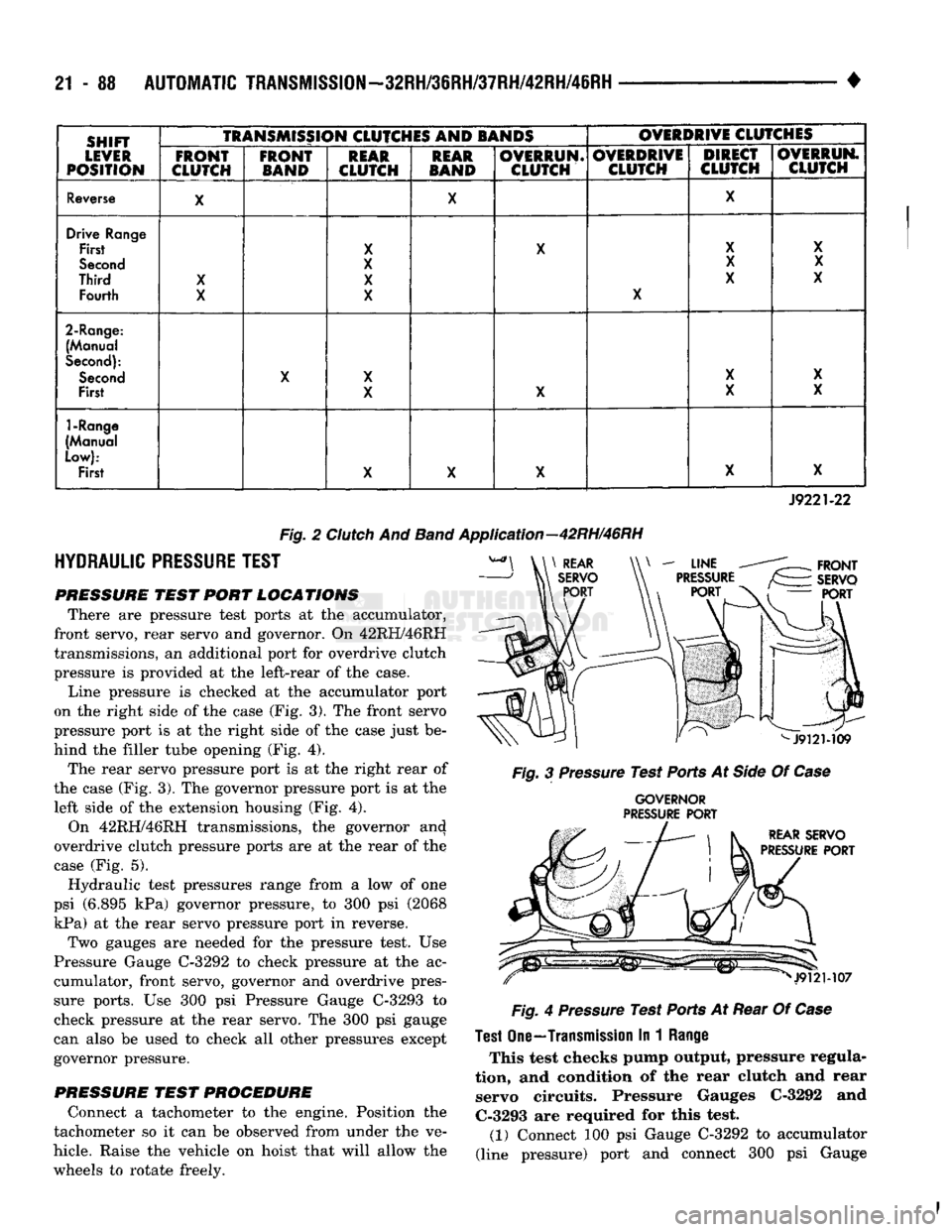 DODGE TRUCK 1993 Service Repair Manual
21 - 88
AUTOMATIC
TRANSMISSION—32RH/36RH/37RH/42RH/46RH
•
SHIFT
LEVER
POSITION
TRANSMISSION
CLUTCH
ES
AND
BANDS
OVERDRIVE
CLUTCHES
SHIFT
LEVER
POSITION FRONT
CLUTCH FRO DODGE TRUCK 1993 Service Repair Manual
21 - 88
AUTOMATIC
TRANSMISSION—32RH/36RH/37RH/42RH/46RH
•
SHIFT
LEVER
POSITION
TRANSMISSION
CLUTCH
ES
AND
BANDS
OVERDRIVE
CLUTCHES
SHIFT
LEVER
POSITION FRONT
CLUTCH FRO