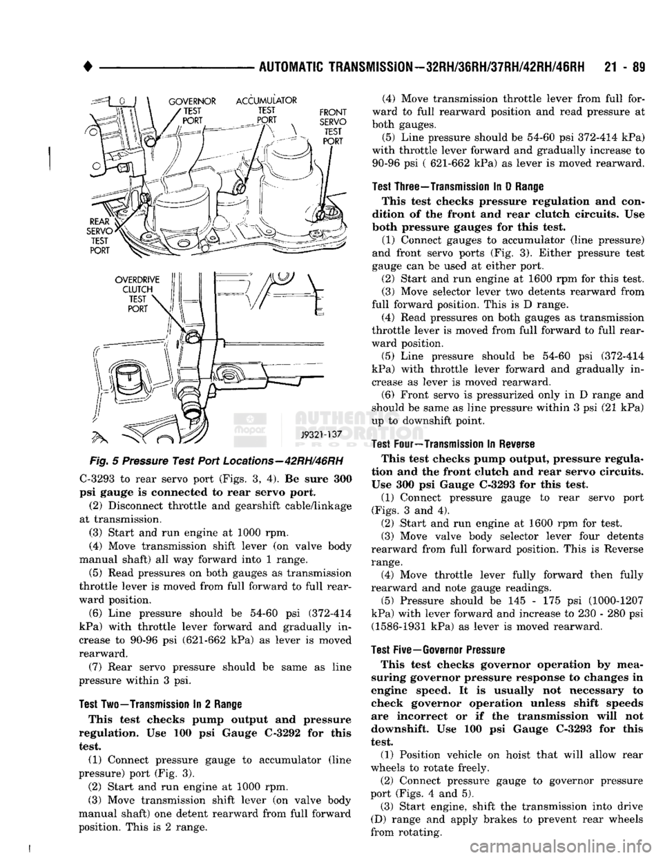 DODGE TRUCK 1993 Service Repair Manual
•
AUTOMATIC
TRANSMISSION—32RH/36RH/37RH/42RH/46RH
21 - 89
Fig.
5
Pressure
Test Port
Locations—42RH/46RH
C-3293 to rear servo port (Figs. 3, 4). Be sure 300
psi gauge is connected t DODGE TRUCK 1993 Service Repair Manual
•
AUTOMATIC
TRANSMISSION—32RH/36RH/37RH/42RH/46RH
21 - 89
Fig.
5
Pressure
Test Port
Locations—42RH/46RH
C-3293 to rear servo port (Figs. 3, 4). Be sure 300
psi gauge is connected t