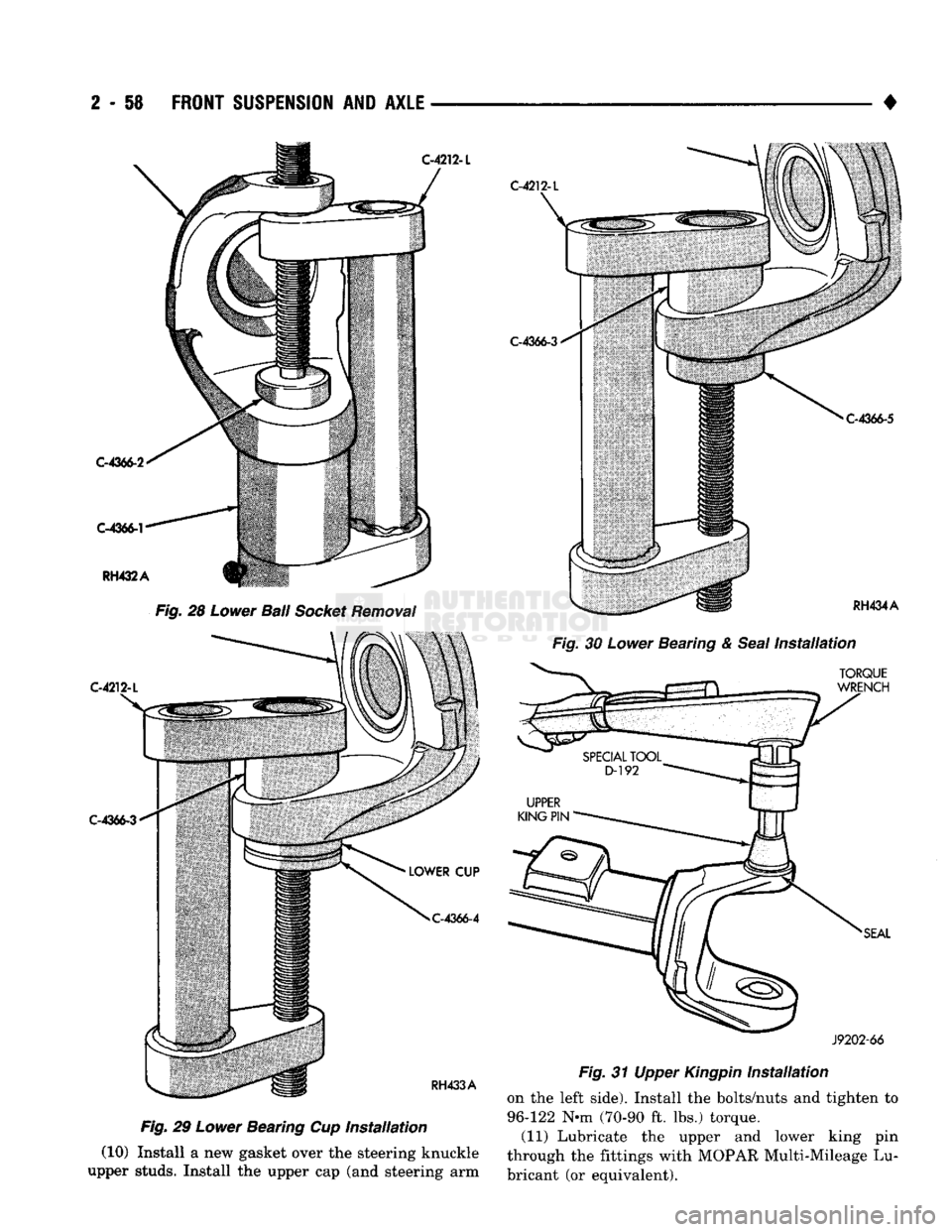 DODGE TRUCK 1993 Service Repair Manual
2
- 58
FRONT
SUSPENSION
AND
AXLE
•
C-4366-2
C-4366-1
RH432A
C-4212-L
Fig.
28
Lower
Ball
Socket
Removal
C-4212-L
C-4366-3
C-4366-4
RH433A
Fig.
29
Lower
Bearing Cup DODGE TRUCK 1993 Service Repair Manual
2
- 58
FRONT
SUSPENSION
AND
AXLE
•
C-4366-2
C-4366-1
RH432A
C-4212-L
Fig.
28
Lower
Ball
Socket
Removal
C-4212-L
C-4366-3
C-4366-4
RH433A
Fig.
29
Lower
Bearing Cup