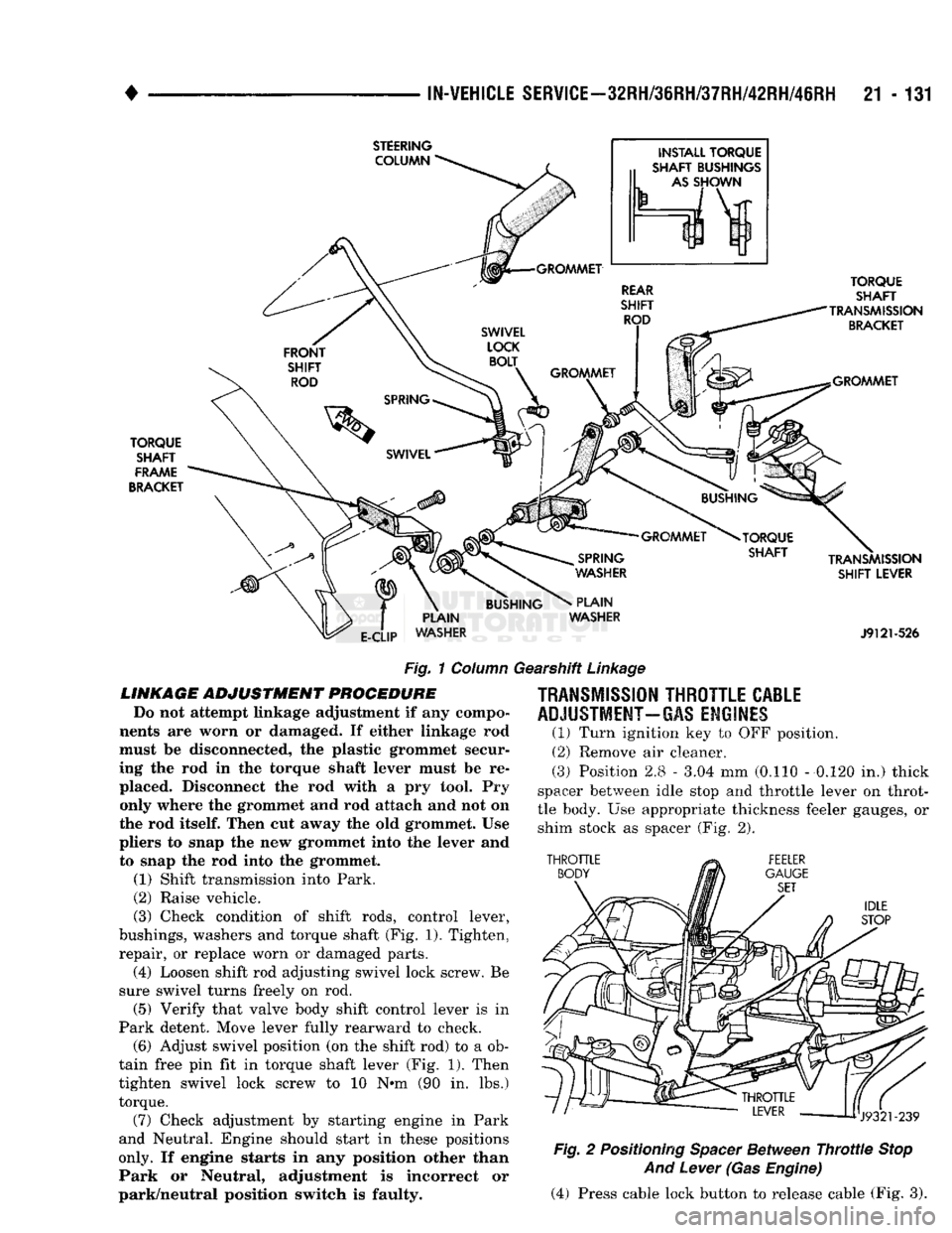 DODGE TRUCK 1993 Service Repair Manual
•
IN-VEHICLE
SERVICE-32RH/36RH/37RH/42RH/46RH
21 - 131
Fig.
1
Column
Gearshift
Linkage
LINKAGE
ADJUSTMENT
PROCEDURE
Do
not
attempt
linkage
adjustment
if any
compo
nents
are DODGE TRUCK 1993 Service Repair Manual
•
IN-VEHICLE
SERVICE-32RH/36RH/37RH/42RH/46RH
21 - 131
Fig.
1
Column
Gearshift
Linkage
LINKAGE
ADJUSTMENT
PROCEDURE
Do
not
attempt
linkage
adjustment
if any
compo
nents
are