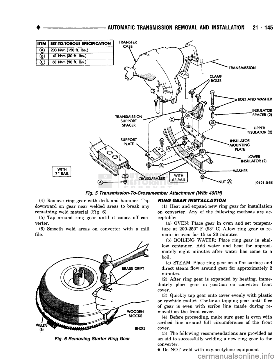 DODGE TRUCK 1993 Service Repair Manual
•
AUTOMATIC TRANSMISSION REMOVAL AND INSTALLATION
21 -
145
ITEM SET-TO-TORQUE
SPECIFICATION
(§)
203
N»m
(150
ft. lbs.)
(D
41
N*m
(30
ft. lbs.)
©
m
N«m
(50
ft. lbs.)
WITH DODGE TRUCK 1993 Service Repair Manual
•
AUTOMATIC TRANSMISSION REMOVAL AND INSTALLATION
21 -
145
ITEM SET-TO-TORQUE
SPECIFICATION
(§)
203
N»m
(150
ft. lbs.)
(D
41
N*m
(30
ft. lbs.)
©
m
N«m
(50
ft. lbs.)
WITH