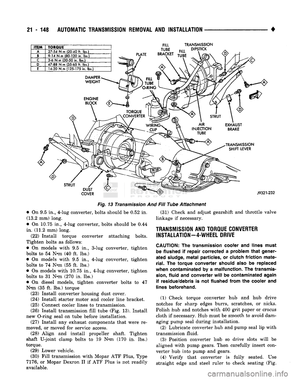 DODGE TRUCK 1993 Service Repair Manual
21 - 148
AUTOMATIC TRANSMISSION REMOVAL
AND
INSTALLATION
•
ITEM
TORQUE
A
27-54
N-m
(20-40
ft. lbs.)
B
9-14
N-m
(80-120
in.
lbs.)
C
3-6 N-m
(30-50
in. lbs.)
D
47-88 DODGE TRUCK 1993 Service Repair Manual
21 - 148
AUTOMATIC TRANSMISSION REMOVAL
AND
INSTALLATION
•
ITEM
TORQUE
A
27-54
N-m
(20-40
ft. lbs.)
B
9-14
N-m
(80-120
in.
lbs.)
C
3-6 N-m
(30-50
in. lbs.)
D
47-88