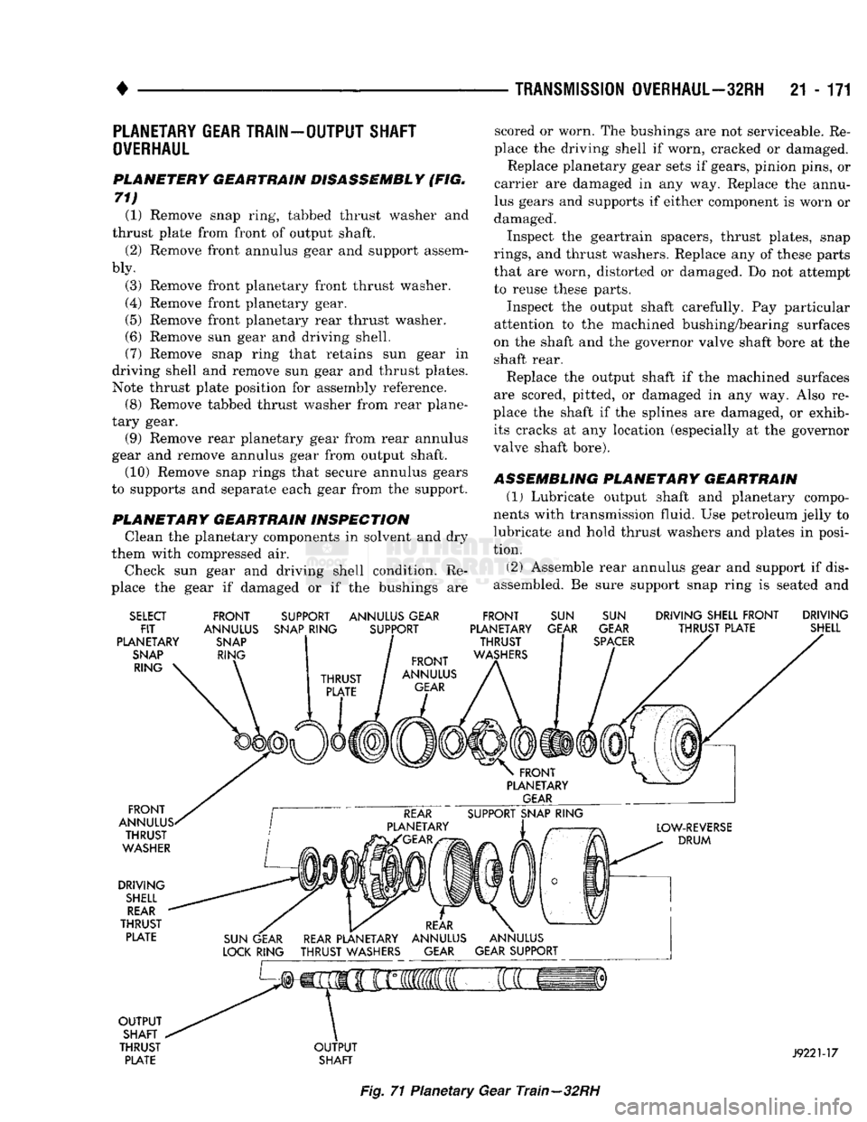 DODGE TRUCK 1993 Service Repair Manual
TRANSMISSION
OVERHAUL—32RH
21 - 171
PLANETARY GEAR TRAIN
OVERHAUL
•OUTPUT
SHAFT
PLANETERY GEARTRAIN DISASSEMBLY (FIG.
71) (1) Remove snap ring, tabbed thrust washer and
thrust plate DODGE TRUCK 1993 Service Repair Manual
TRANSMISSION
OVERHAUL—32RH
21 - 171
PLANETARY GEAR TRAIN
OVERHAUL
•OUTPUT
SHAFT
PLANETERY GEARTRAIN DISASSEMBLY (FIG.
71) (1) Remove snap ring, tabbed thrust washer and
thrust plate