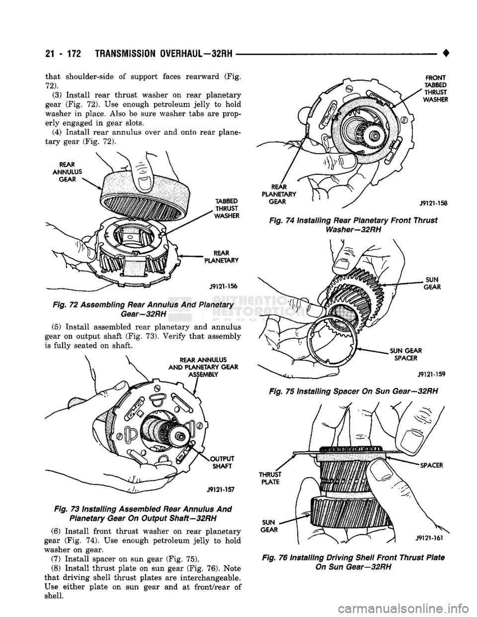 DODGE TRUCK 1993 Service Repair Manual
21
- 172
TRANSMISSION OVERHAUL—32RH
• that shoulder-side of support faces rearward (Fig.
72).
(3) Install rear thrust washer on rear planetary
gear (Fig. 72). Use enough petroleum jelly DODGE TRUCK 1993 Service Repair Manual
21
- 172
TRANSMISSION OVERHAUL—32RH
• that shoulder-side of support faces rearward (Fig.
72).
(3) Install rear thrust washer on rear planetary
gear (Fig. 72). Use enough petroleum jelly