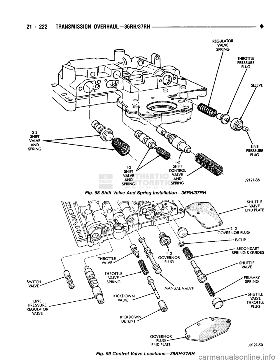 DODGE TRUCK 1993 Service Repair Manual
21 - 222 TRANSMISSION
OVERHAUL-86RH/37RH
REGULATOR VALVE
SPRING
THROTTLE
PRESSURE
PLUG
2-3
SHIFT
VALVE AND
SPRING
SLEEVE
SWITCH VALVE
LINE
PRESSURE
REGULATOR VALVE
1- DODGE TRUCK 1993 Service Repair Manual
21 - 222 TRANSMISSION
OVERHAUL-86RH/37RH
REGULATOR VALVE
SPRING
THROTTLE
PRESSURE
PLUG
2-3
SHIFT
VALVE AND
SPRING
SLEEVE
SWITCH VALVE
LINE
PRESSURE
REGULATOR VALVE
1-