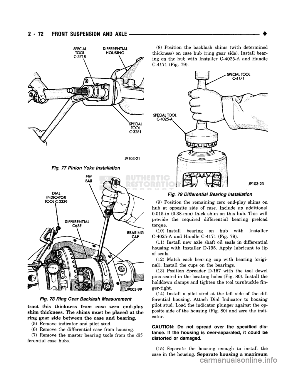 DODGE TRUCK 1993  Service Repair Manual 
2
 - 72
 FRONT
 SUSPENSION
 AND
 AXLE 

• 

SPECIAL
 DIFFERENTIAL 
 TOOL
 HOUSING 

J9103-21 

Fig.
 77
 Pinion
 Yoke
 Installation 
 Fig.
 78
 Ring Gear Backlash Measurement 
tract this thickness
