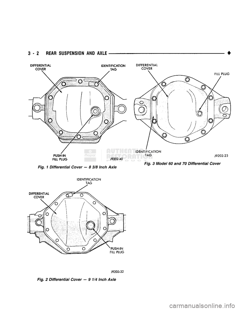 DODGE TRUCK 1993 Service Repair Manual
3 - 2
REAR SUSPENSION
AND
AXLE
•
DIFFERENTIAL
IDENTIFICATION
DIFFERENTIAL
FILL
PLUG
J9202-40
Fig. 3 Model 60 and 70 Differential Cover Fig. 1 Differential Cover — 8 3/8
Inch
Axle DODGE TRUCK 1993 Service Repair Manual
3 - 2
REAR SUSPENSION
AND
AXLE
•
DIFFERENTIAL
IDENTIFICATION
DIFFERENTIAL
FILL
PLUG
J9202-40
Fig. 3 Model 60 and 70 Differential Cover Fig. 1 Differential Cover — 8 3/8
Inch
Axle
