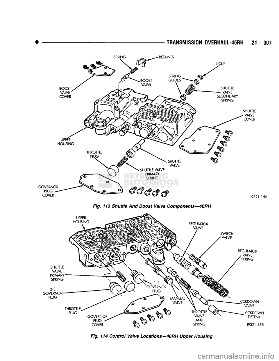 DODGE TRUCK 1993 Service Repair Manual
TRANSMISSION
OVERHAUL-46RH 21 - 307
-156
Fig. 113 Shuttle And Boost Valve Components—46RH
Fig. 114 Control Valve Locations—46RH Upper Housing DODGE TRUCK 1993 Service Repair Manual
TRANSMISSION
OVERHAUL-46RH 21 - 307
-156
Fig. 113 Shuttle And Boost Valve Components—46RH
Fig. 114 Control Valve Locations—46RH Upper Housing