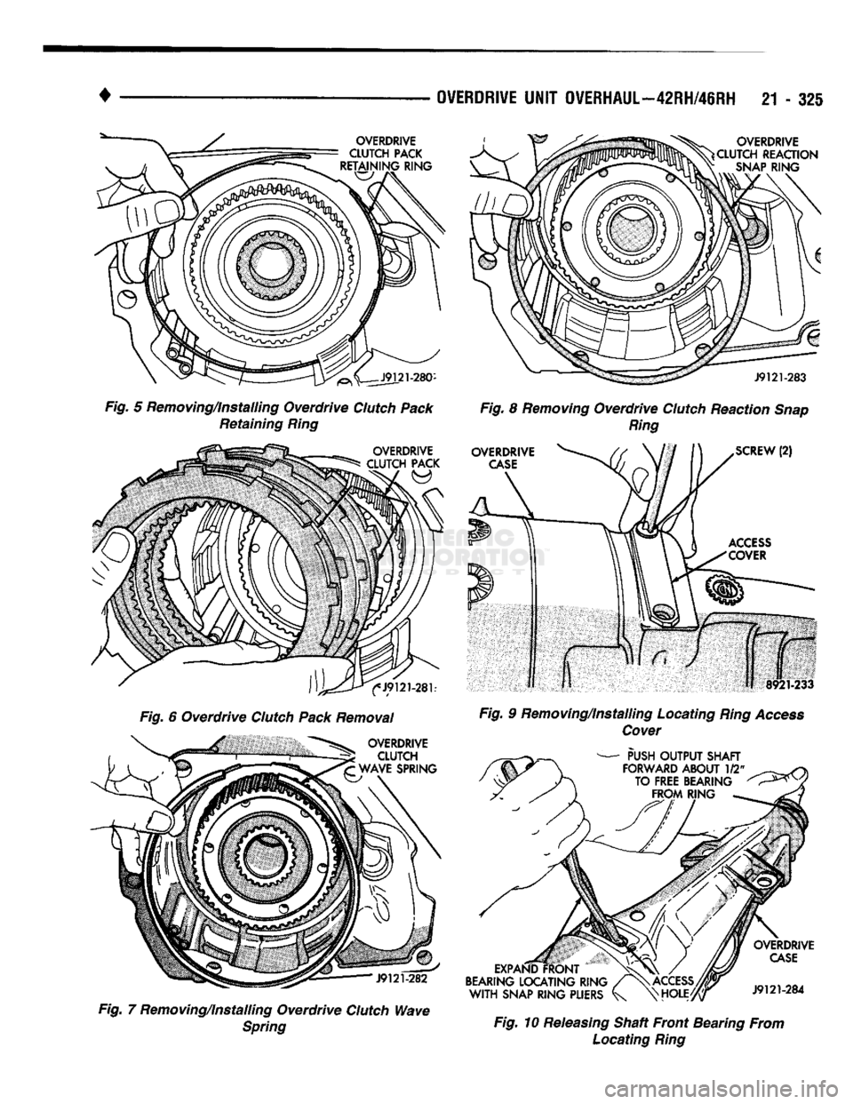 DODGE TRUCK 1993 Service Repair Manual
•
OVERDRIVE UNIT OVERHAUL—42RH/46RH 21 - 325
Fig. 5 Removing/Installing Overdrive Clutch Pack Retaining Ring
Fig. 6 Overdrive Clutch Pack Removal
Fig. 7 Removing/installing Overdrive Clutch DODGE TRUCK 1993 Service Repair Manual
•
OVERDRIVE UNIT OVERHAUL—42RH/46RH 21 - 325
Fig. 5 Removing/Installing Overdrive Clutch Pack Retaining Ring
Fig. 6 Overdrive Clutch Pack Removal
Fig. 7 Removing/installing Overdrive Clutch