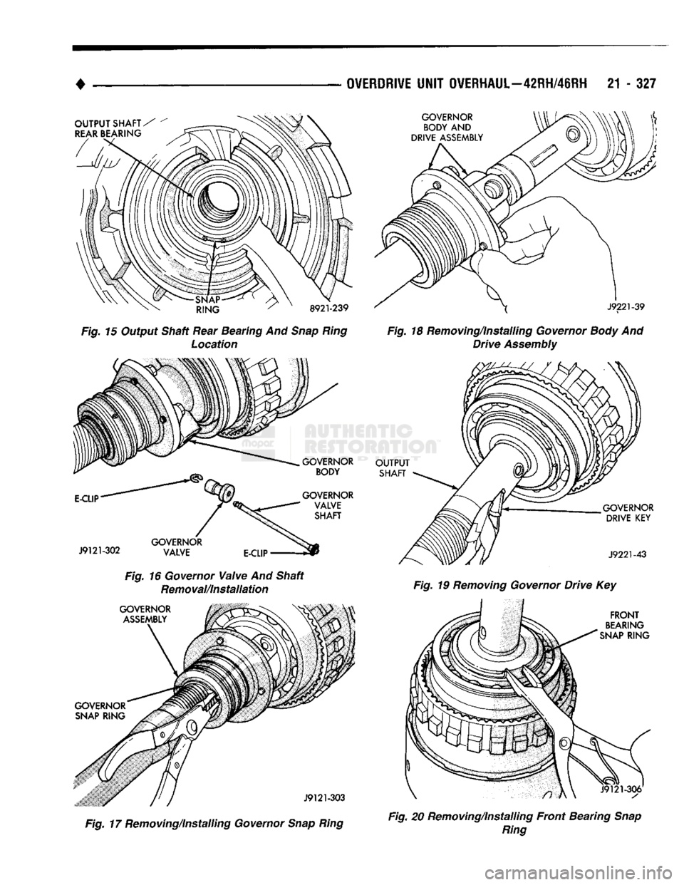 DODGE TRUCK 1993 Service Repair Manual
OVERDRIVE
UNIT OVERHAUL—42RH/48RH
21 - 327
OUTPUT
SHAFT/
REAR
BEARING
•SNAP-
RING
8921-239
Fig. 15 Output Shaft Rear Bearing And
Snap Ring
Location
E-CLIP
J9121-302
GOVERNOR DODGE TRUCK 1993 Service Repair Manual
OVERDRIVE
UNIT OVERHAUL—42RH/48RH
21 - 327
OUTPUT
SHAFT/
REAR
BEARING
•SNAP-
RING
8921-239
Fig. 15 Output Shaft Rear Bearing And
Snap Ring
Location
E-CLIP
J9121-302
GOVERNOR