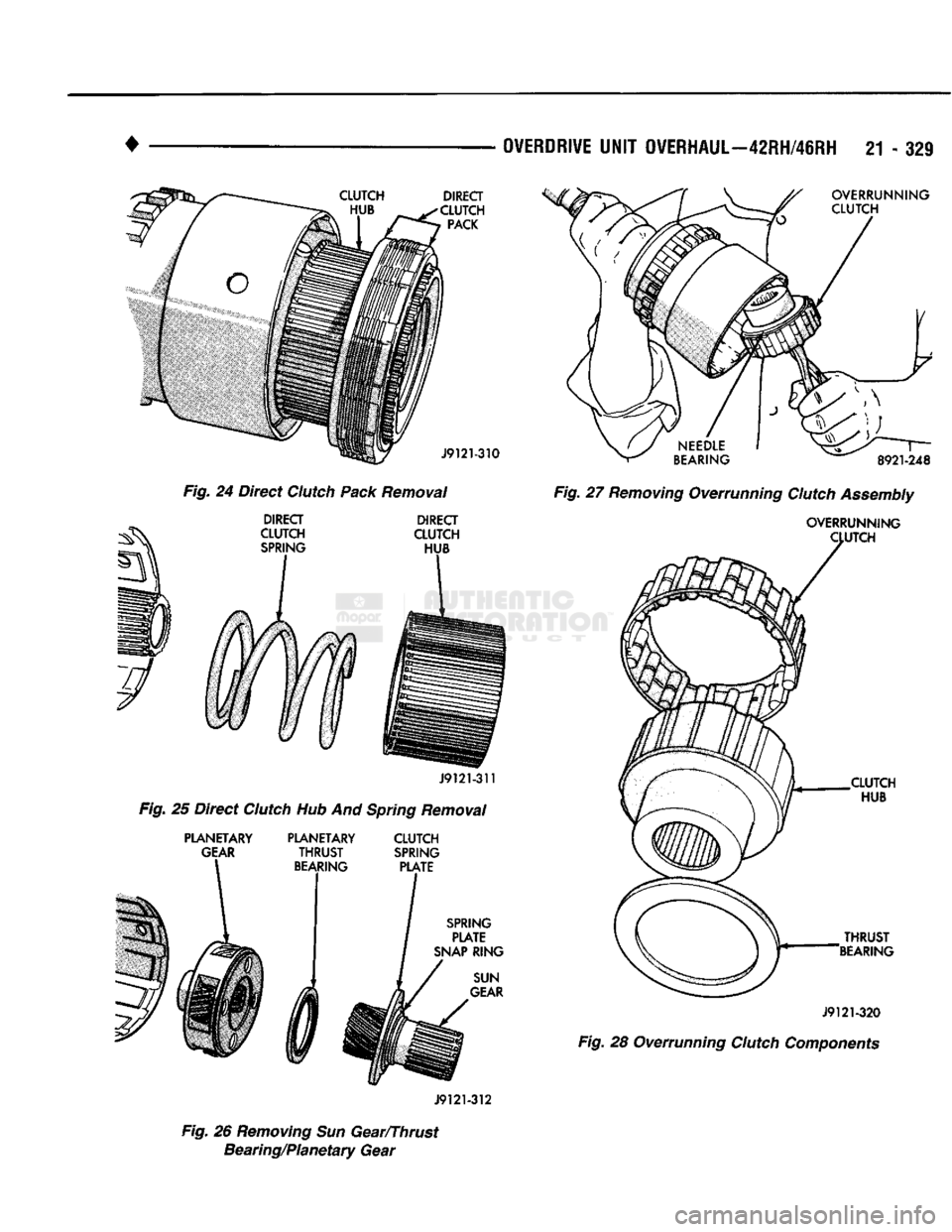 DODGE TRUCK 1993 Service Repair Manual
•
OVERDRIVE
UNIT OVERHAUL—42RH/46RH 21 - 321
Fig. 24 Direct Clutch Pack Removal Fig. 27 Removing Overrunning Clutch Assembly
J9121-312
Fig. 26 Removing Sun Gear/Thrust Bearing/Planetary DODGE TRUCK 1993 Service Repair Manual
•
OVERDRIVE
UNIT OVERHAUL—42RH/46RH 21 - 321
Fig. 24 Direct Clutch Pack Removal Fig. 27 Removing Overrunning Clutch Assembly
J9121-312
Fig. 26 Removing Sun Gear/Thrust Bearing/Planetary
