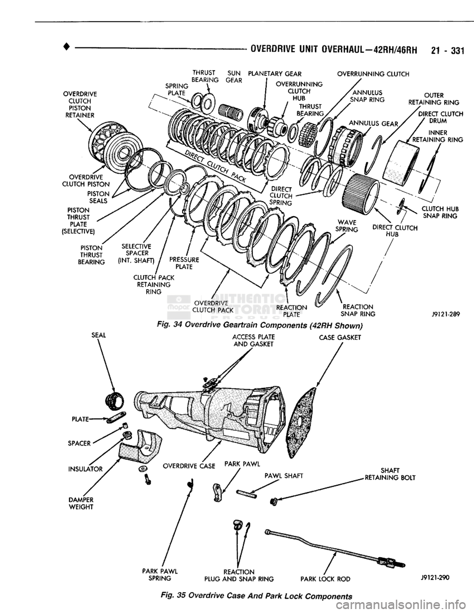 DODGE TRUCK 1993 Service Repair Manual
•
OVERDRIVE
UNIT
OVERHAUL—42RH/46RH
21 - 331
OVERDRIVE CLUTCH PISTON
RETAINER
SPRING
PLATE
THRUST
SUN
PLANETARY
GEAR
BEARING
GEAR
OVERRUNNING CLUTCH
OUTER
RETAINING RING DODGE TRUCK 1993 Service Repair Manual
•
OVERDRIVE
UNIT
OVERHAUL—42RH/46RH
21 - 331
OVERDRIVE CLUTCH PISTON
RETAINER
SPRING
PLATE
THRUST
SUN
PLANETARY
GEAR
BEARING
GEAR
OVERRUNNING CLUTCH
OUTER
RETAINING RING