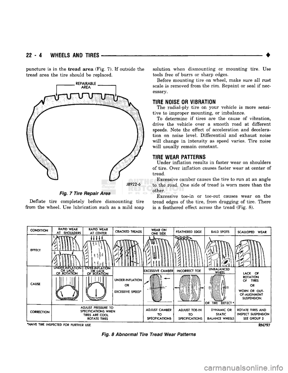DODGE TRUCK 1993 Service Repair Manual
22 - 4
WHEELS
AND
TIRES
• puncture is in the tread area (Fig. 7). If outside the
tread area the tire should be replaced.
J8922-6
Fig.
7
Tire
Repair Area
Deflate tire completely before DODGE TRUCK 1993 Service Repair Manual
22 - 4
WHEELS
AND
TIRES
• puncture is in the tread area (Fig. 7). If outside the
tread area the tire should be replaced.
J8922-6
Fig.
7
Tire
Repair Area
Deflate tire completely before