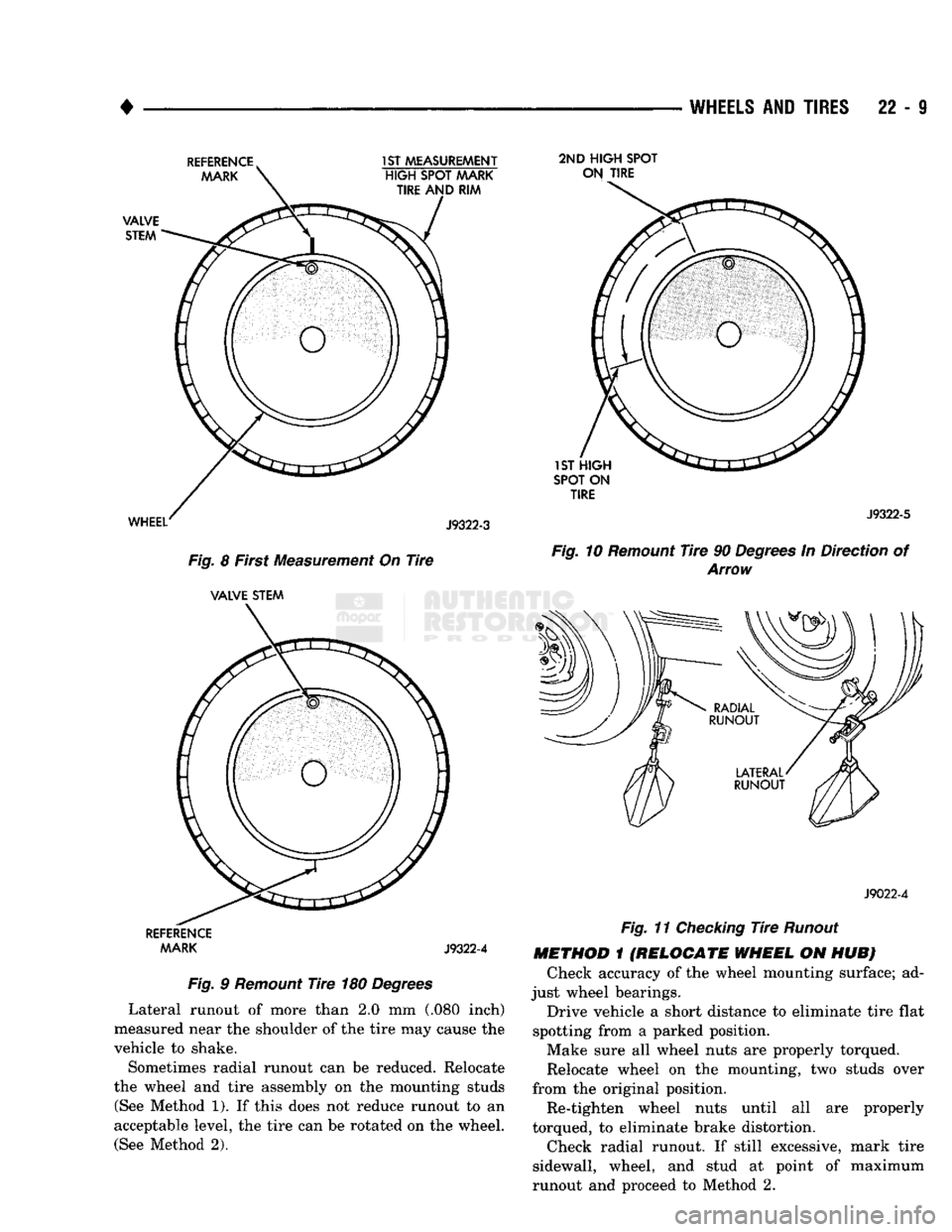 DODGE TRUCK 1993 Service Repair Manual
•
WHEELS
AND
TIRES
22 - 9
Fig.
8 First Measurement On
Tire
VALVE STEM
REFERENCE
AAARK J9322-4
Fig.
9
Remount
Tire
180
Degrees
Lateral runout of more than 2.0 mm (.080 inch) DODGE TRUCK 1993 Service Repair Manual
•
WHEELS
AND
TIRES
22 - 9
Fig.
8 First Measurement On
Tire
VALVE STEM
REFERENCE
AAARK J9322-4
Fig.
9
Remount
Tire
180
Degrees
Lateral runout of more than 2.0 mm (.080 inch)