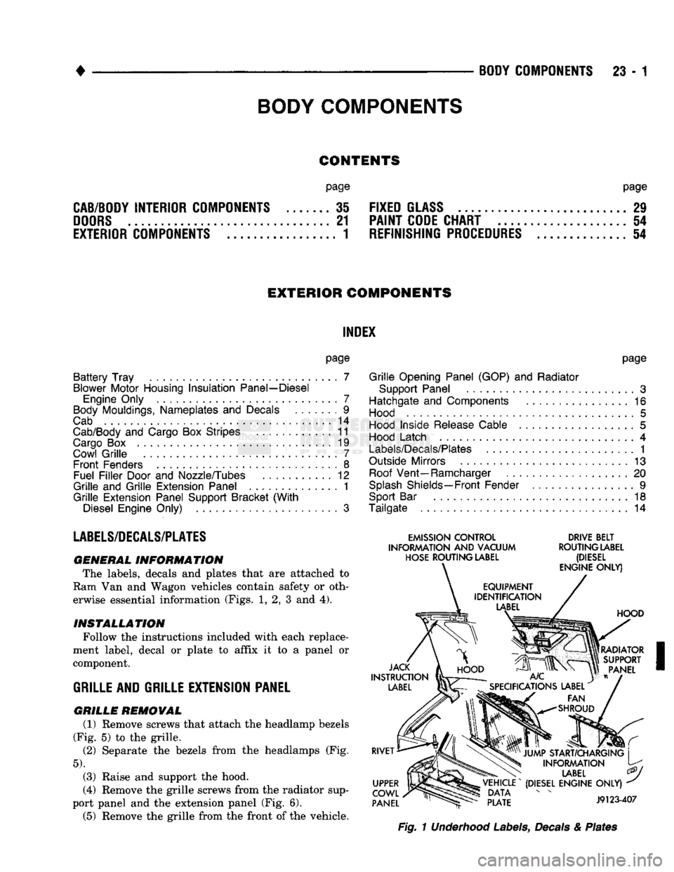 DODGE TRUCK 1993 Service Repair Manual
•
BODY
COMPONENTS
23 - 1
CONTENTS
page
page
CAB/BODY
INTERIOR COMPONENTS
35
FIXED
GLASS
. 29
DOORS
21
PAINT
CODE
CHART
54
EXTERIOR
COMPONENTS
1
REFINISHING
PROCEDURES
5 DODGE TRUCK 1993 Service Repair Manual
•
BODY
COMPONENTS
23 - 1
CONTENTS
page
page
CAB/BODY
INTERIOR COMPONENTS
35
FIXED
GLASS
. 29
DOORS
21
PAINT
CODE
CHART
54
EXTERIOR
COMPONENTS
1
REFINISHING
PROCEDURES
5