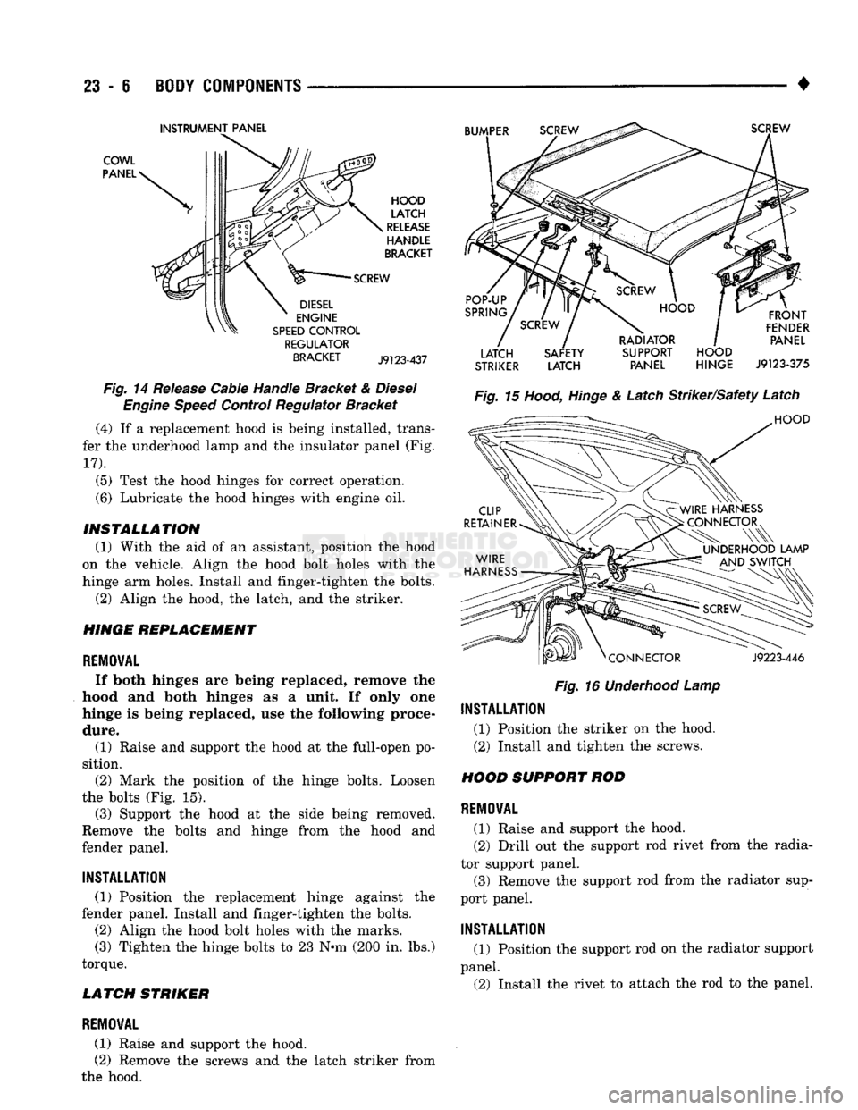 DODGE TRUCK 1993 Service Repair Manual
23
- 6
BODY
COMPONENTS
•
INSTRUMENT
PANEL
COWL
PANEL
REGULATOR
BRACKET
J9123-437
Fig.
14 Release Cable Handle Bracket &
Diesel
Engine
Speed
Control Regulator Bracket (4) If DODGE TRUCK 1993 Service Repair Manual
23
- 6
BODY
COMPONENTS
•
INSTRUMENT
PANEL
COWL
PANEL
REGULATOR
BRACKET
J9123-437
Fig.
14 Release Cable Handle Bracket &
Diesel
Engine
Speed
Control Regulator Bracket (4) If