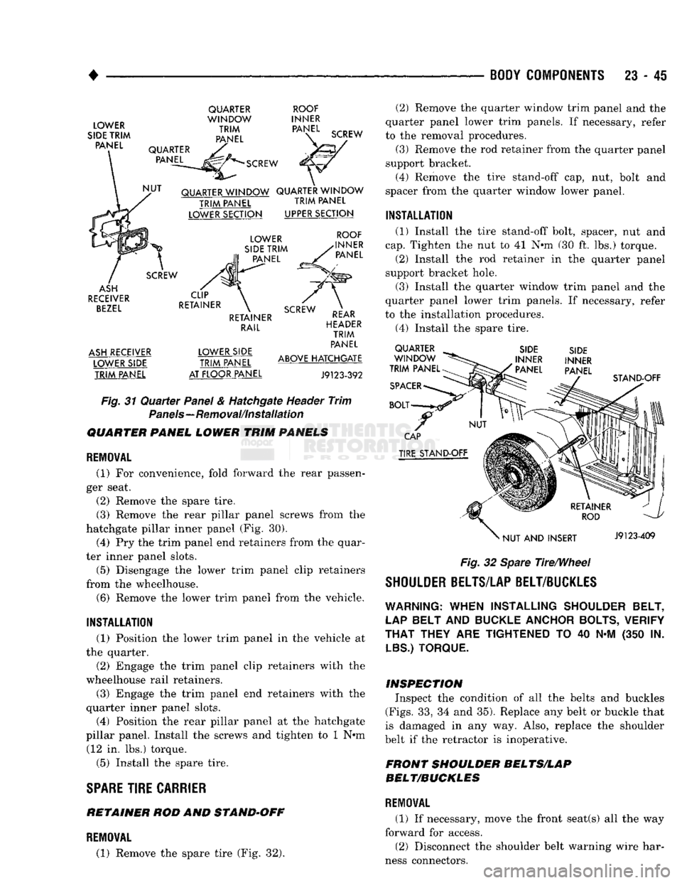 DODGE TRUCK 1993  Service Repair Manual 
• 

BODY
 COMPONENTS 23 - 45 

LOWER 
SIDE TRIM  PANEL 
 QUARTER 
WINDOW 
 TRIM 

PANEL 
 ROOF 
INNER  PANEL 
 \C SCREW 
QUARTER  PANEL  SCREW 
QUARTER WINDOW QUARTER WINDOW  TRIM
 PANEL
 TRIM
 PAN