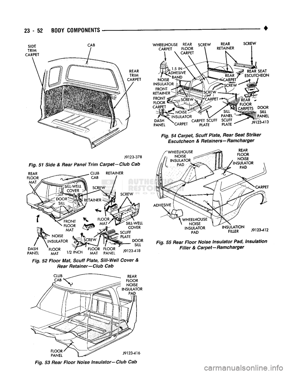 DODGE TRUCK 1993 Service Repair Manual
23
- 52
BODY COMPONENTS
SIDE
TRIM
CARPET CAB
REAR
TRIM
CARPET J9123-378
Fig. 51 Side & Rear Panel
Trim
Carpet-Club Cab
REAR
FLOOR
MAT RETAINER
DASH
PANEL
FRONT
FLOOR M DODGE TRUCK 1993 Service Repair Manual
23
- 52
BODY COMPONENTS
SIDE
TRIM
CARPET CAB
REAR
TRIM
CARPET J9123-378
Fig. 51 Side & Rear Panel
Trim
Carpet-Club Cab
REAR
FLOOR
MAT RETAINER
DASH
PANEL
FRONT
FLOOR M